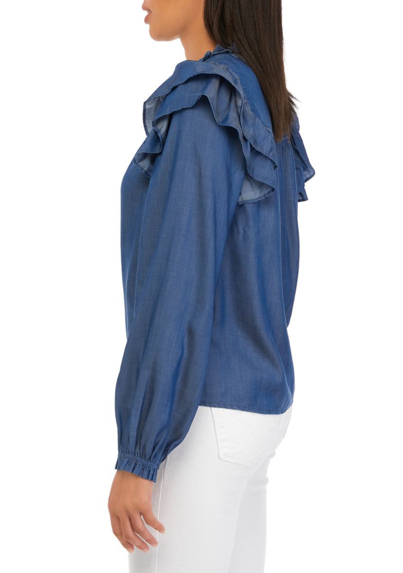 Womens Long Sleeve Ruffle Tencel Top