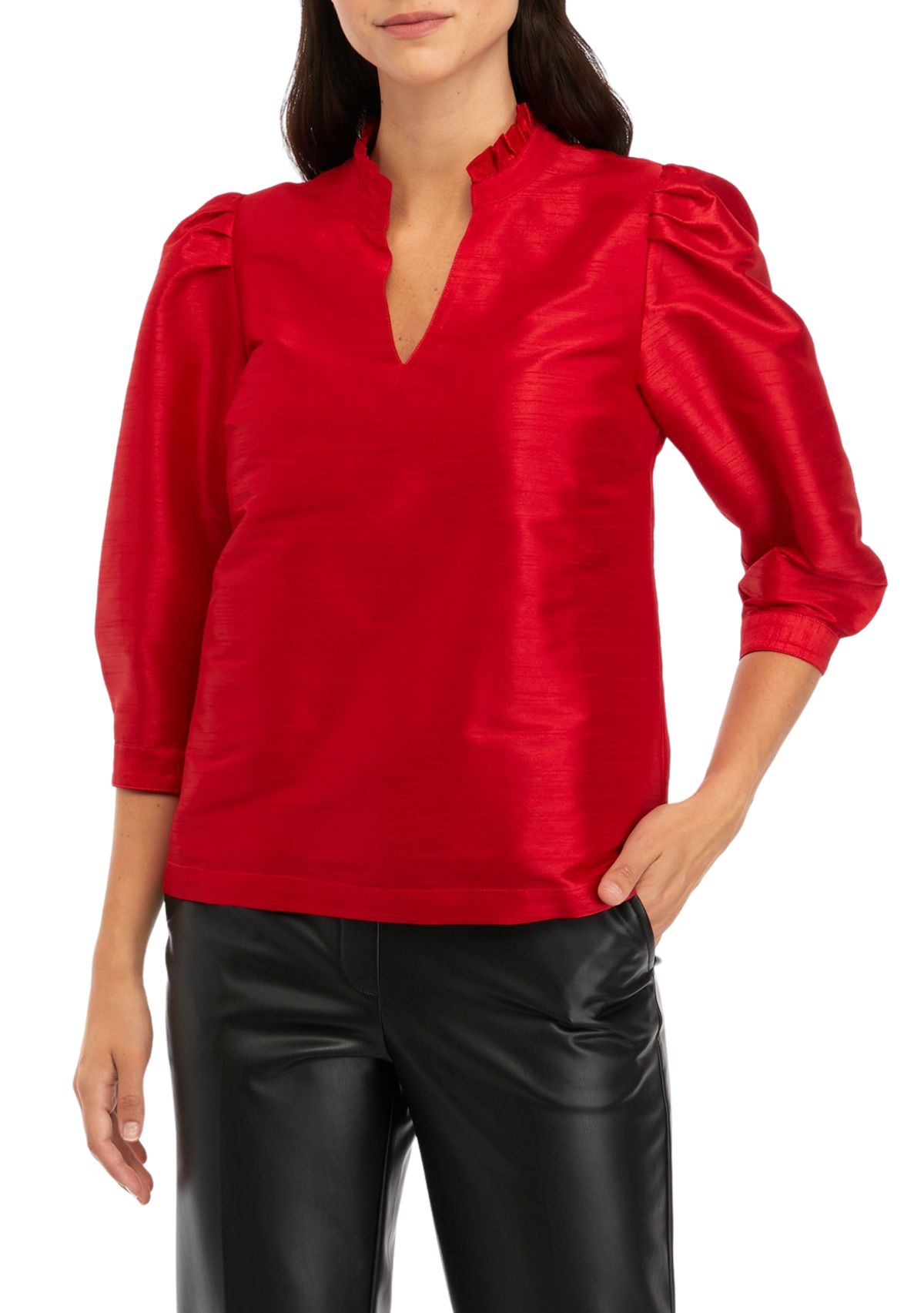 Womens 3/4 Sleeve Split Neck Ruffle Top