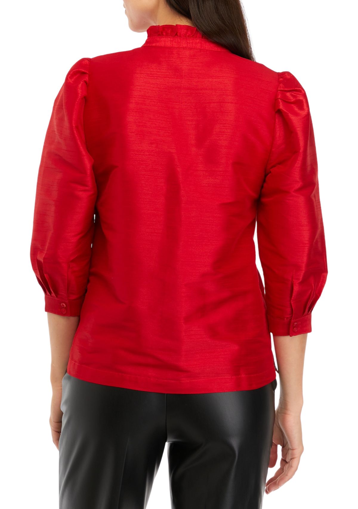 Womens 3/4 Sleeve Split Neck Ruffle Top