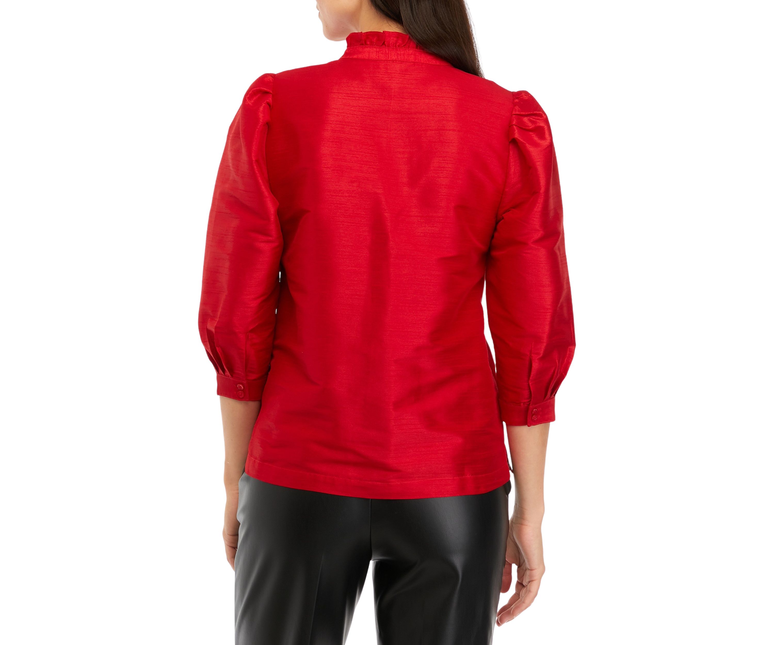 Womens 3/4 Sleeve Split Neck Ruffle Top