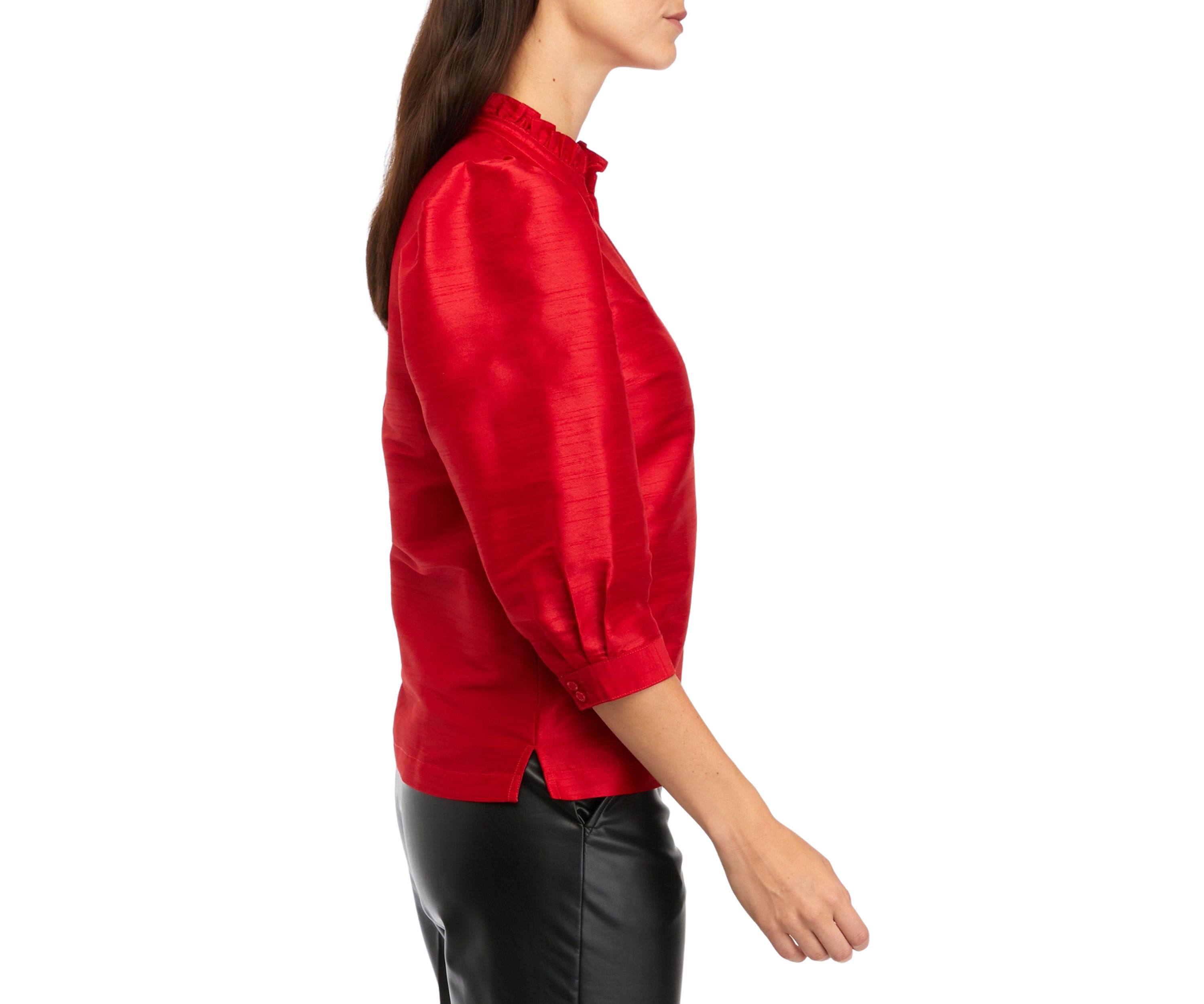 Womens 3/4 Sleeve Split Neck Ruffle Top