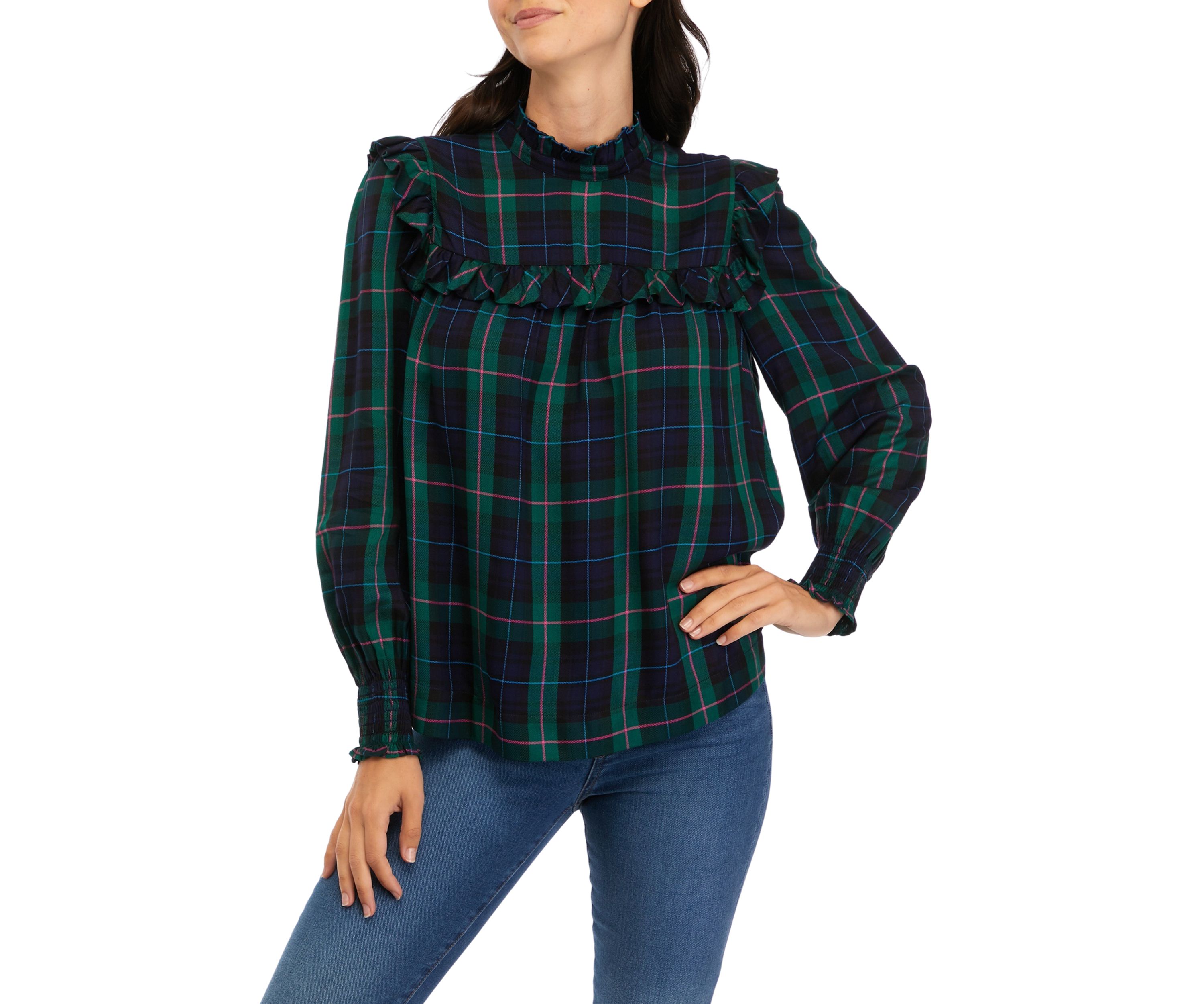 Womens Ruffle Yoke Peasant Yarn Dyed Top
