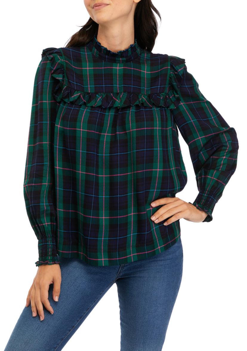 Womens Ruffle Yoke Peasant Yarn Dyed Top