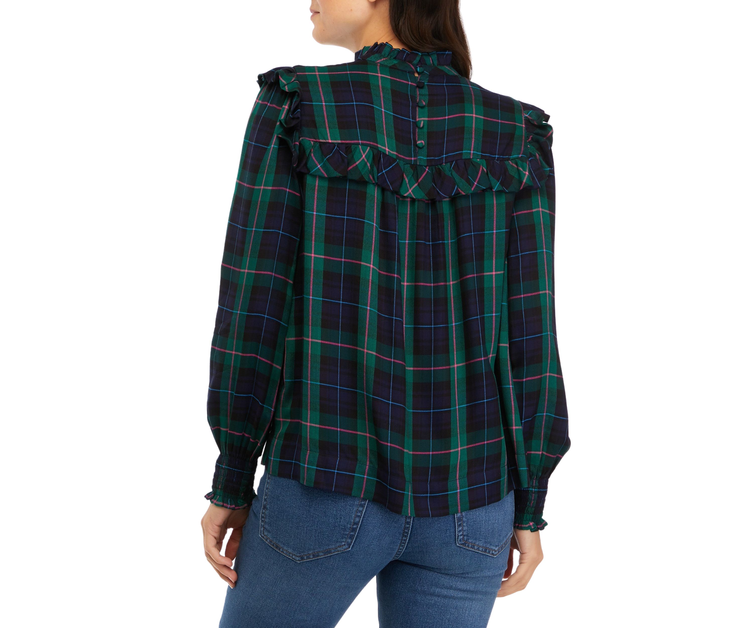 Womens Ruffle Yoke Peasant Yarn Dyed Top
