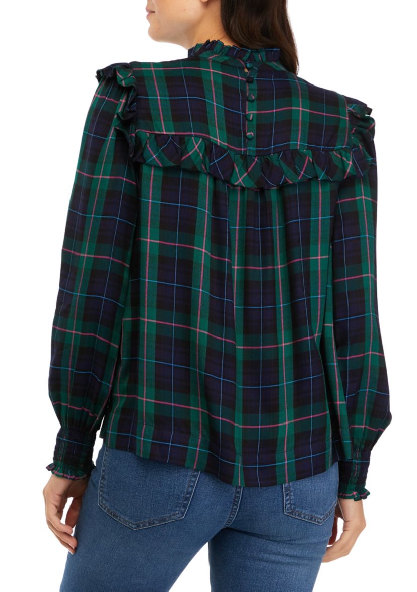 Womens Ruffle Yoke Peasant Yarn Dyed Top