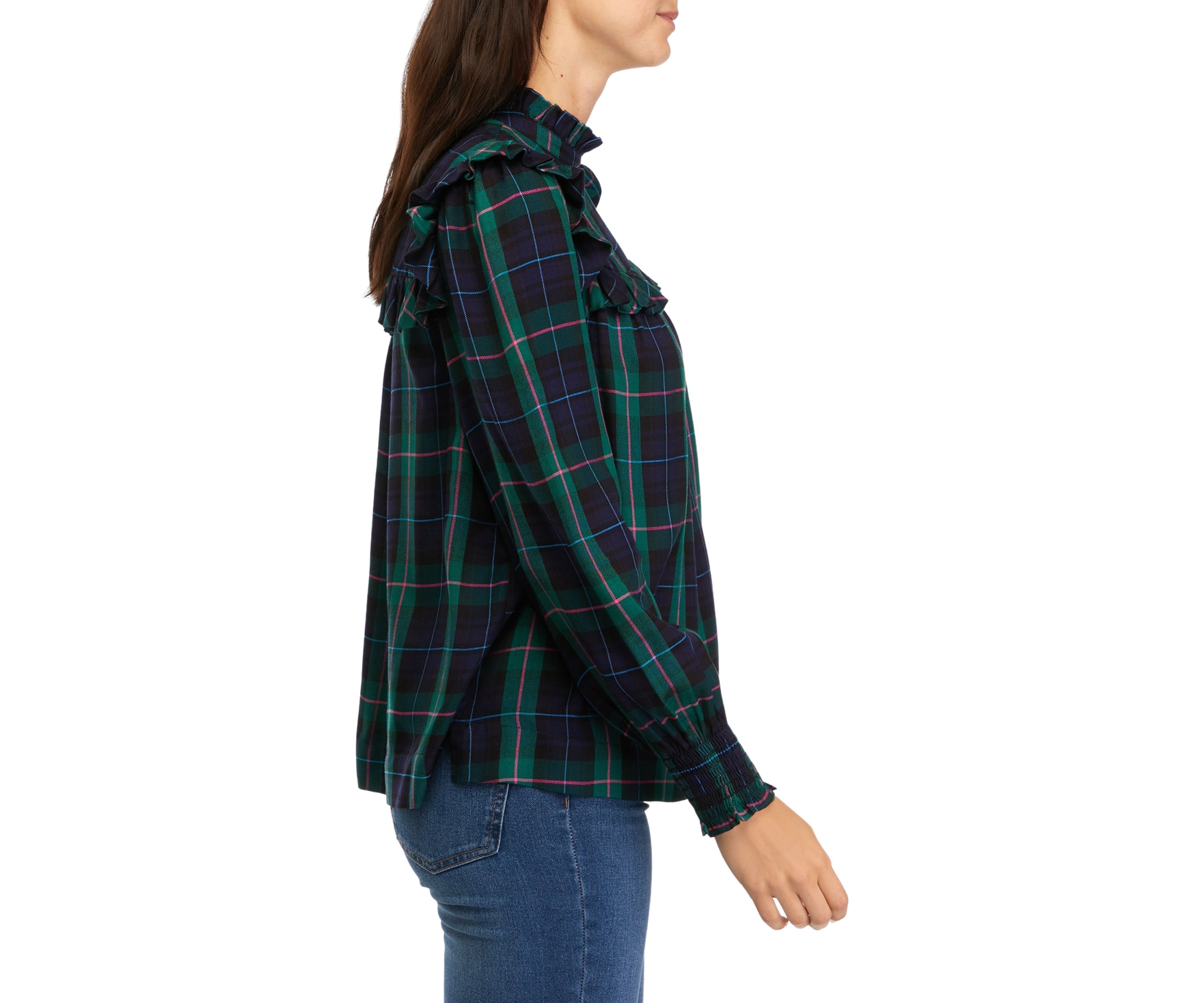 Womens Ruffle Yoke Peasant Yarn Dyed Top