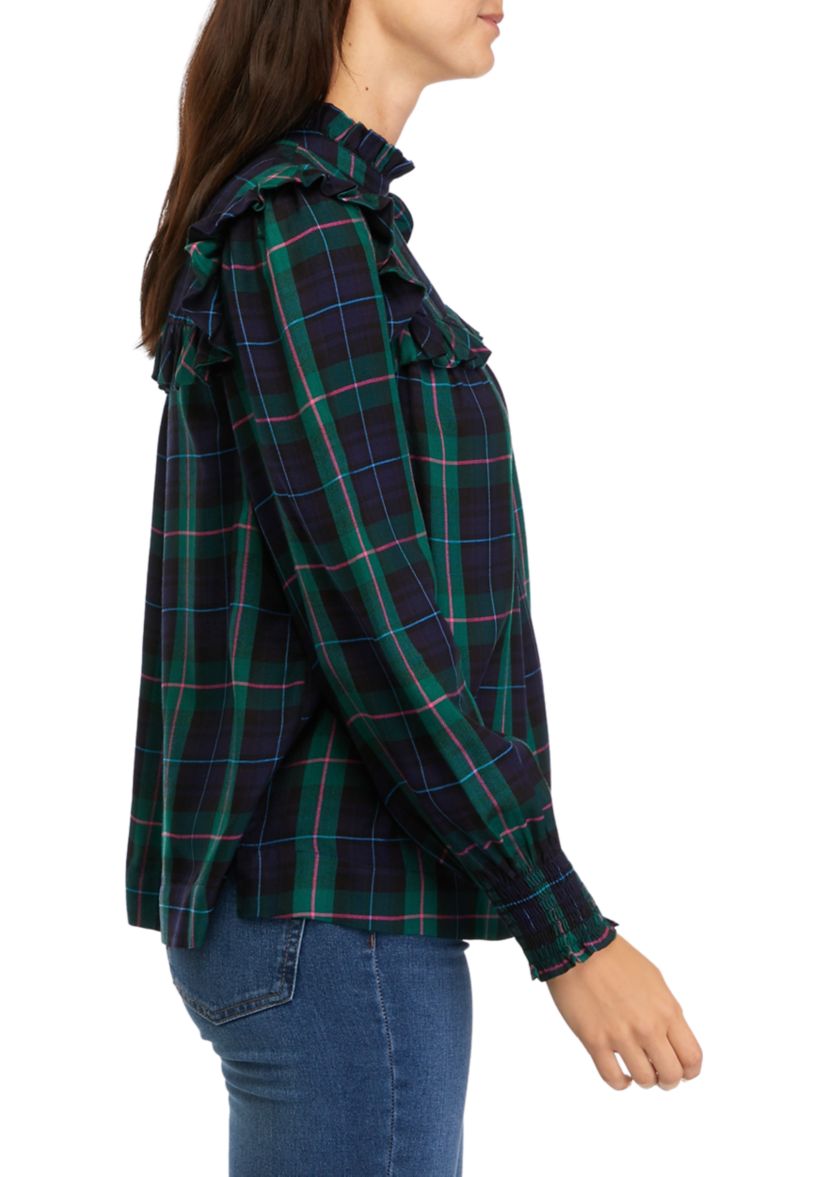Womens Ruffle Yoke Peasant Yarn Dyed Top