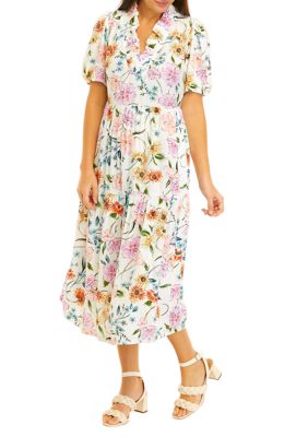 Womens Short Sleeve Ruffle Neck Printed Dress