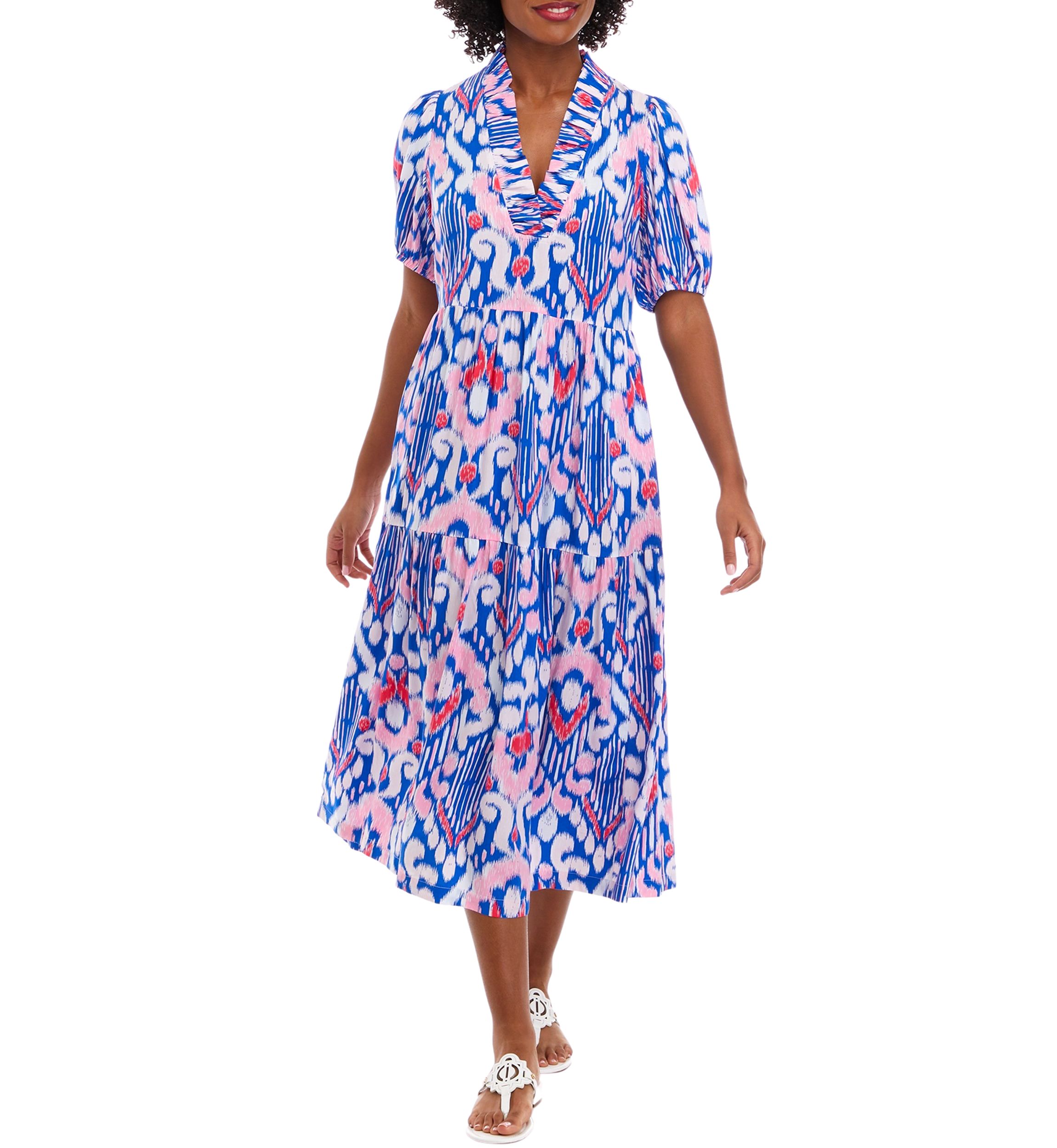 Womens Short Sleeve Ruffle Neck Printed Dress
