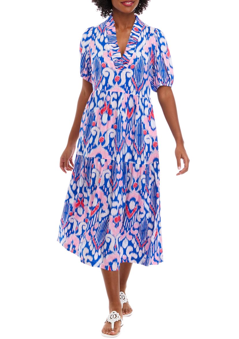 Womens Short Sleeve Ruffle Neck Printed Dress