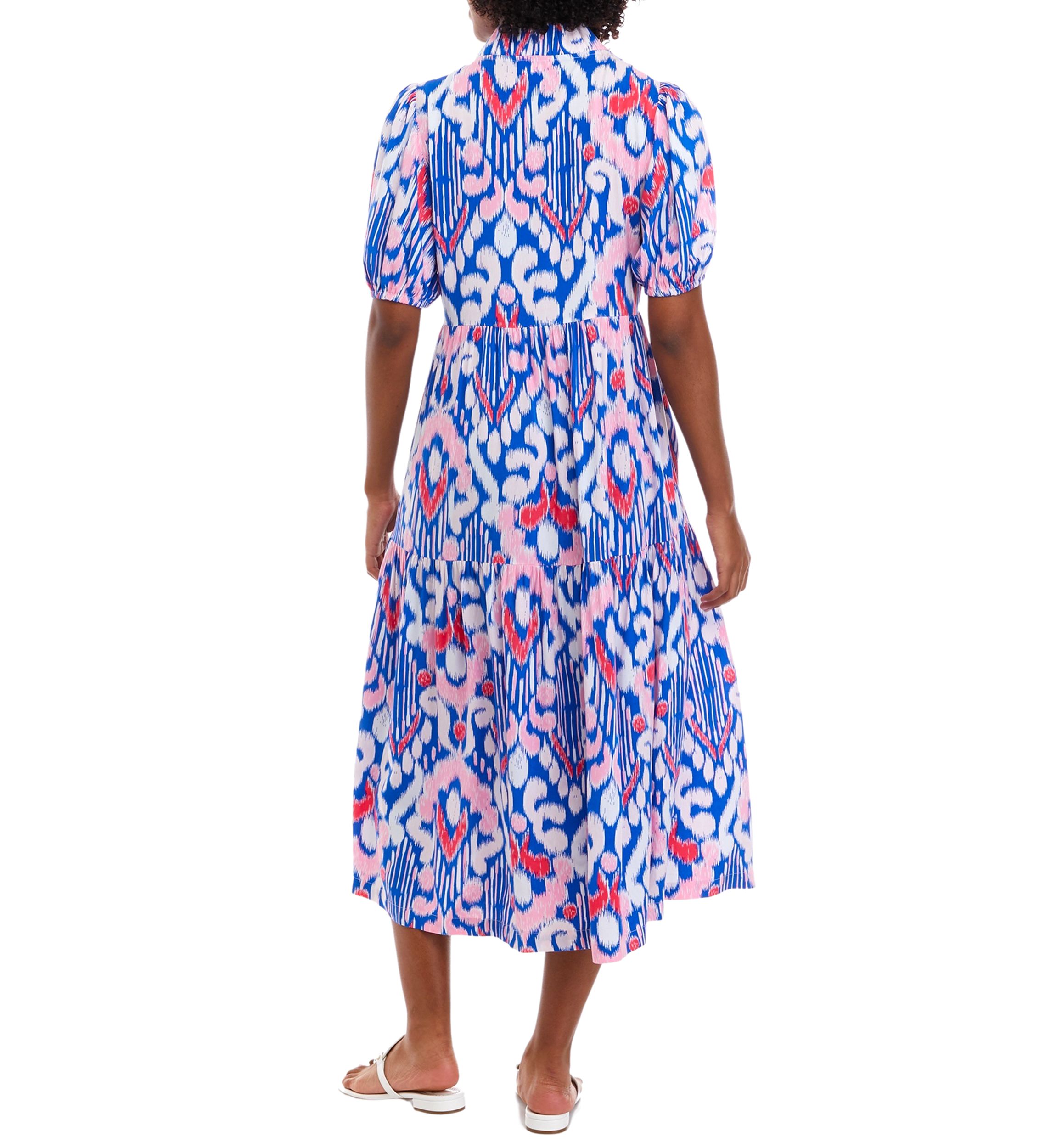 Womens Short Sleeve Ruffle Neck Printed Dress