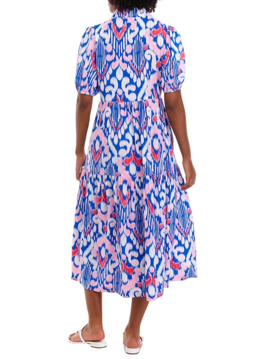 Womens Short Sleeve Ruffle Neck Printed Dress