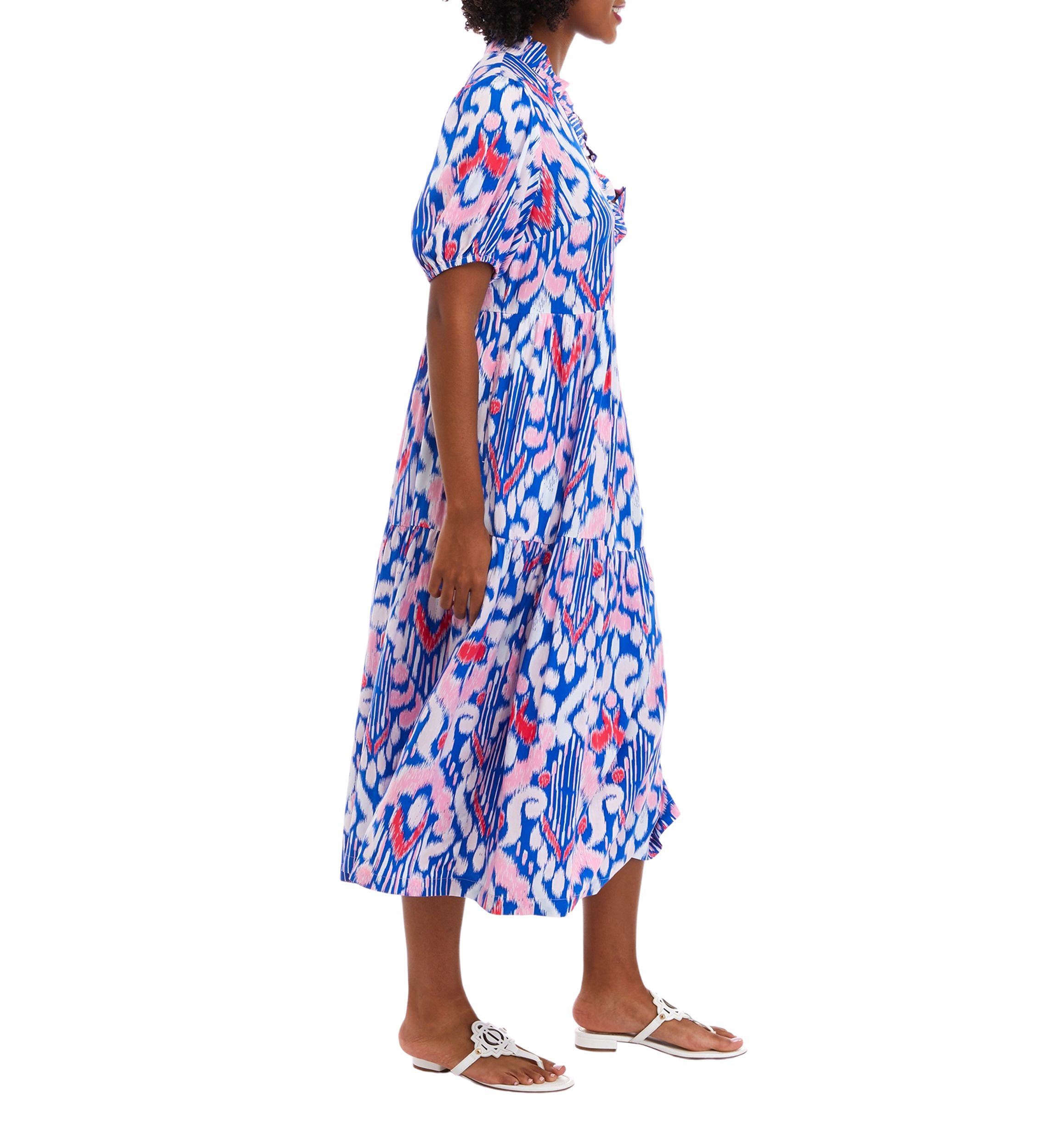 Womens Short Sleeve Ruffle Neck Printed Dress