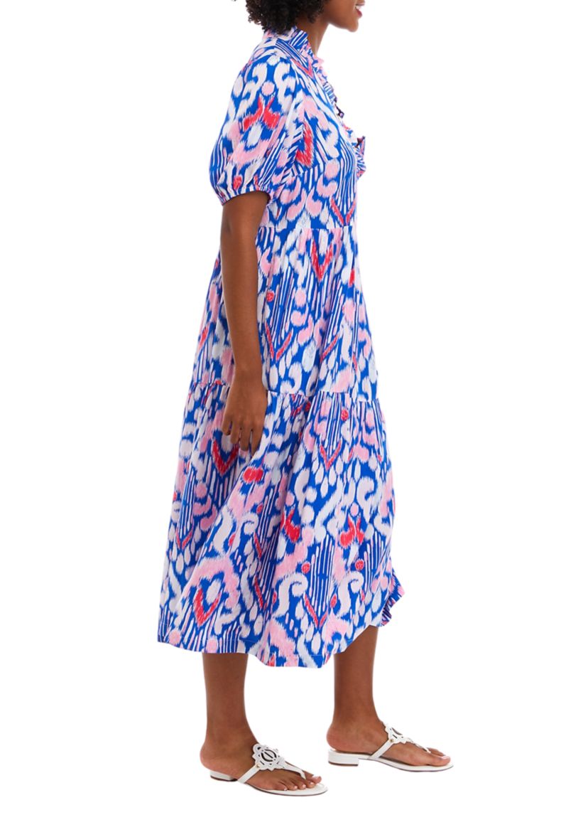 Womens Short Sleeve Ruffle Neck Printed Dress
