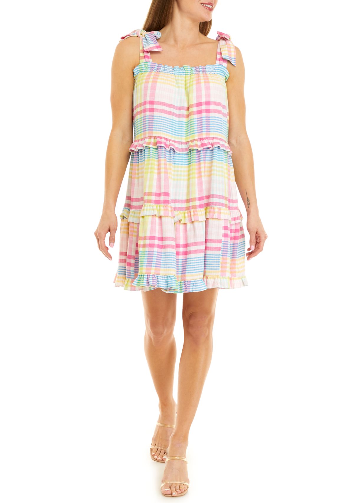 Womens Sleeveless Tiered Yarn Dyed Dress