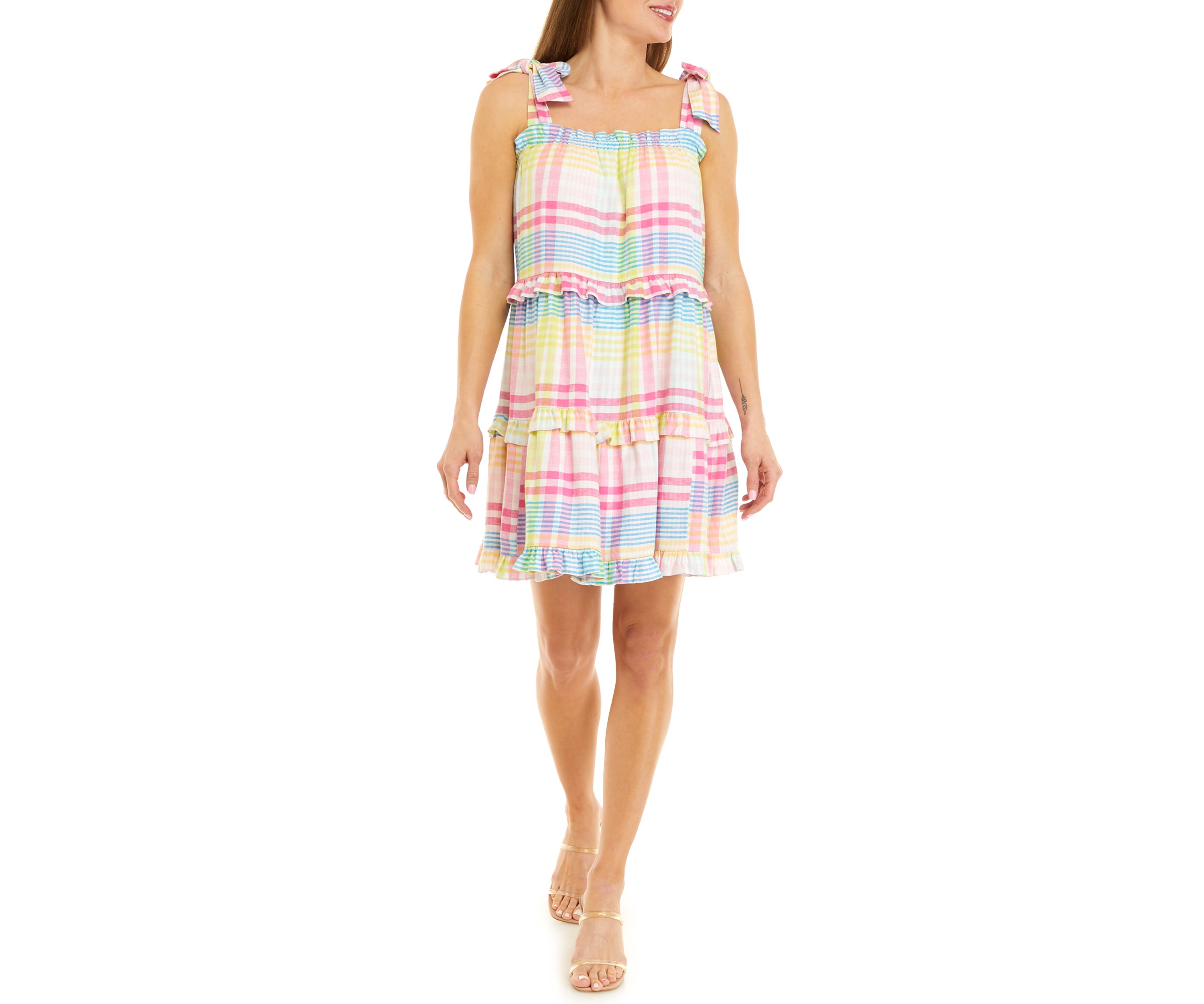 Womens Sleeveless Tiered Yarn Dyed Dress