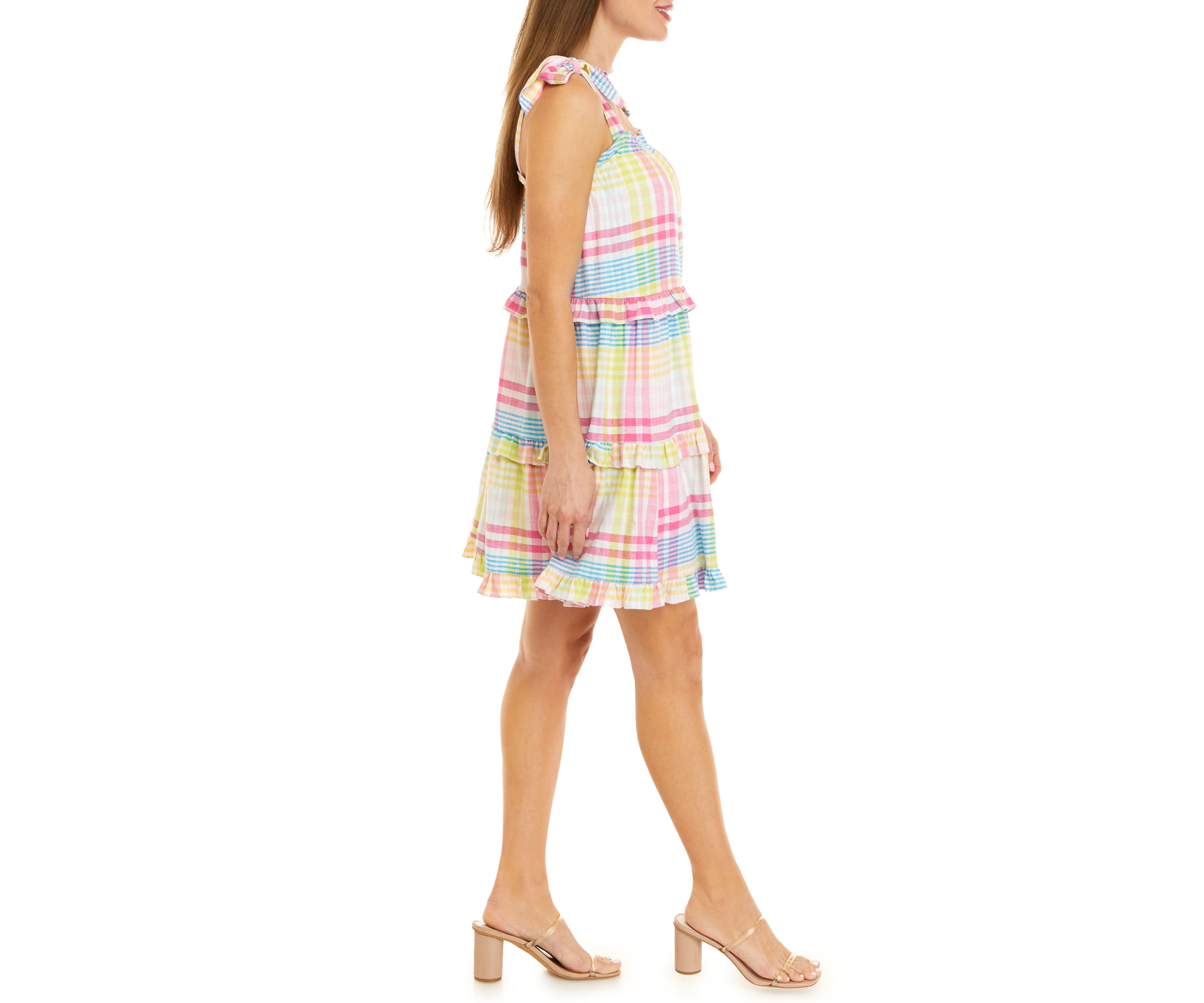 Womens Sleeveless Tiered Yarn Dyed Dress