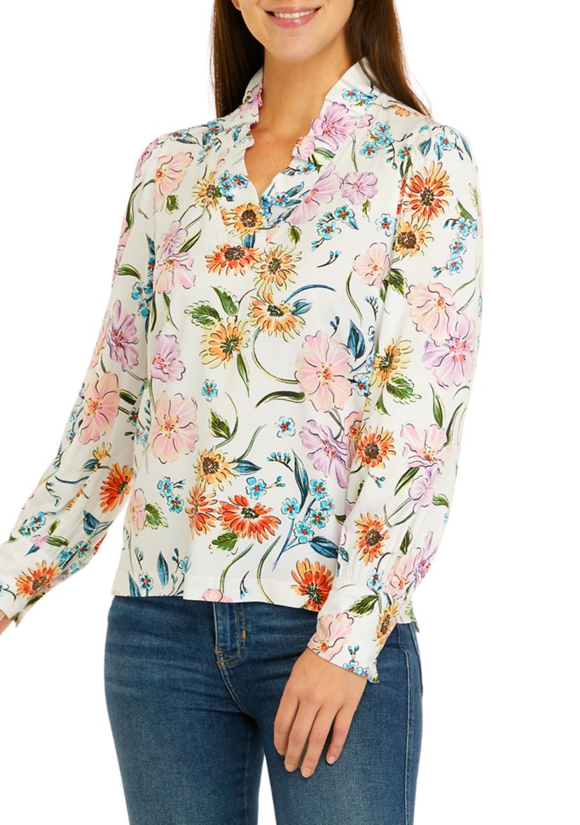 Womens Long Sleeve Ruffle Neck Printed Top