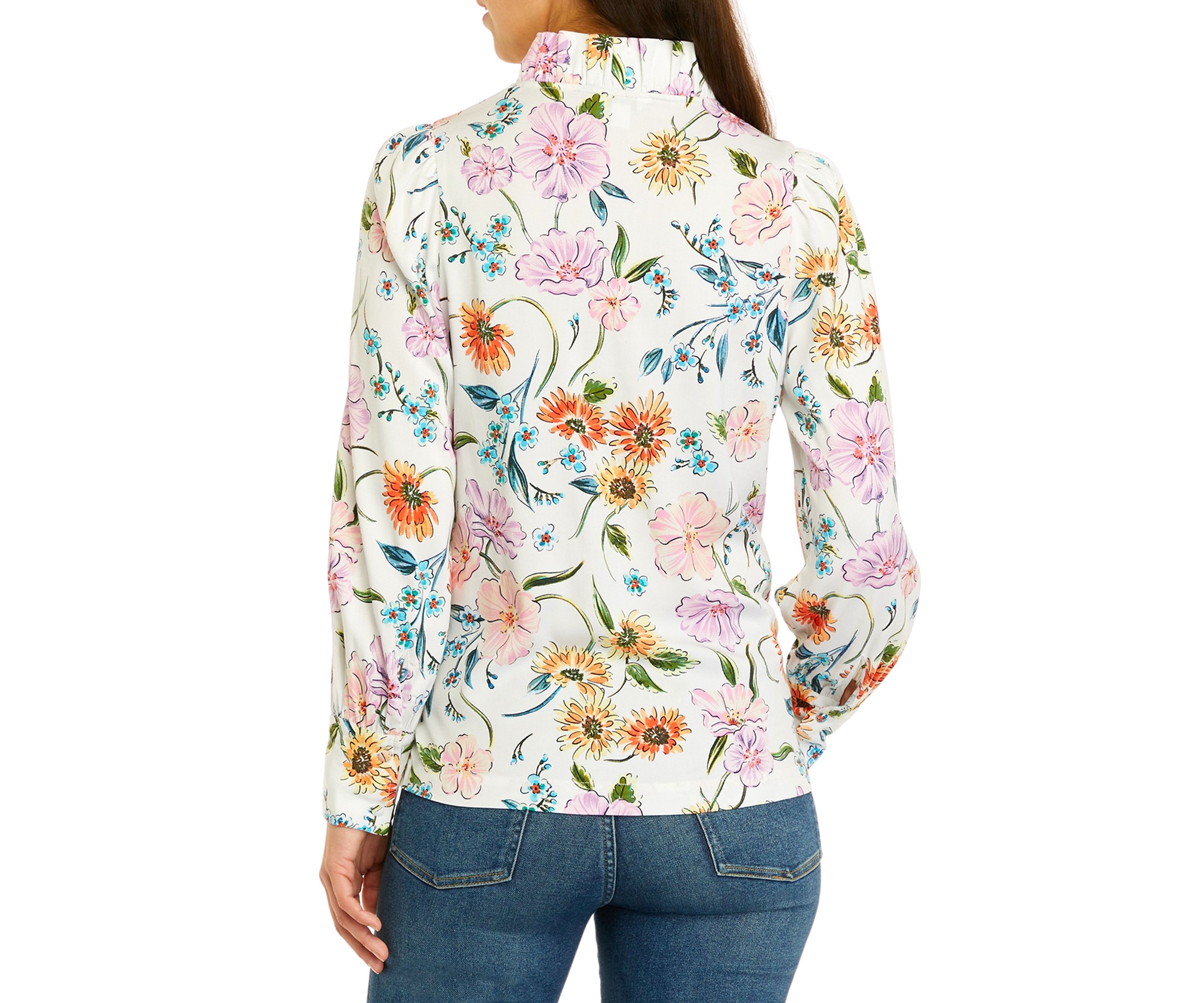 Womens Long Sleeve Ruffle Neck Printed Top