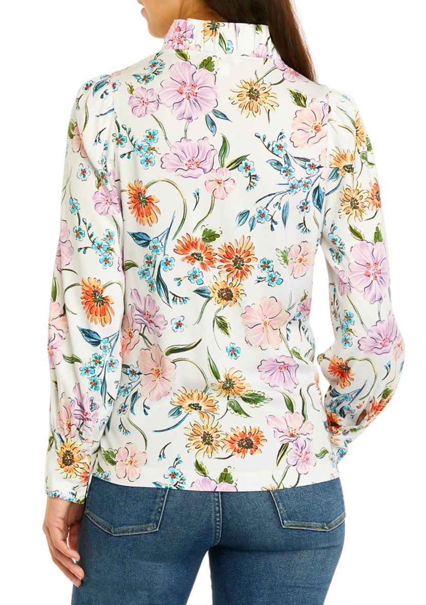 Womens Long Sleeve Ruffle Neck Printed Top