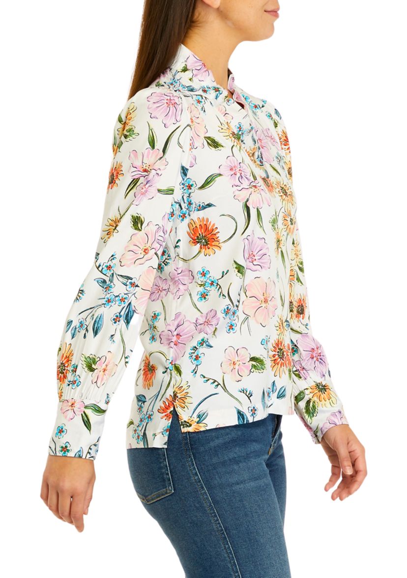 Womens Long Sleeve Ruffle Neck Printed Top