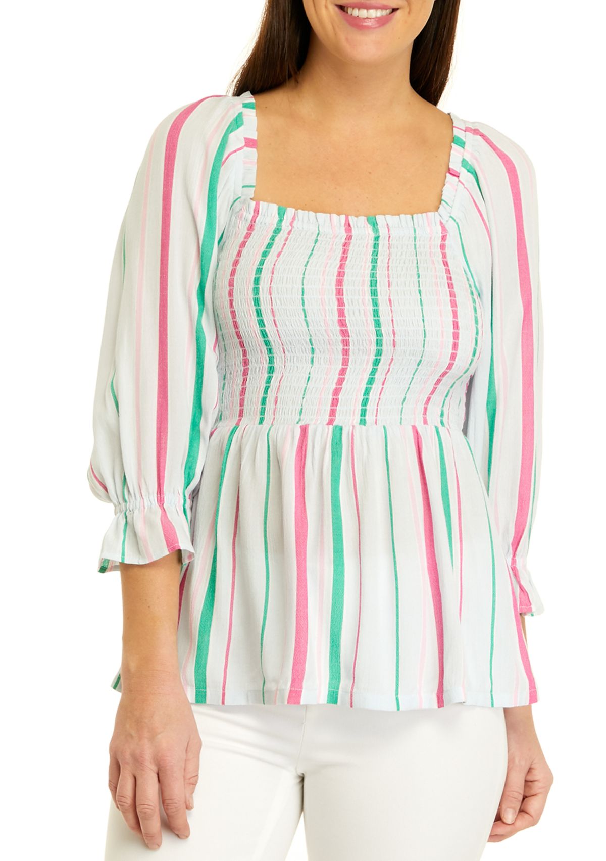 Womens 3/4 Sleeve Yarn Dyed Smock Top