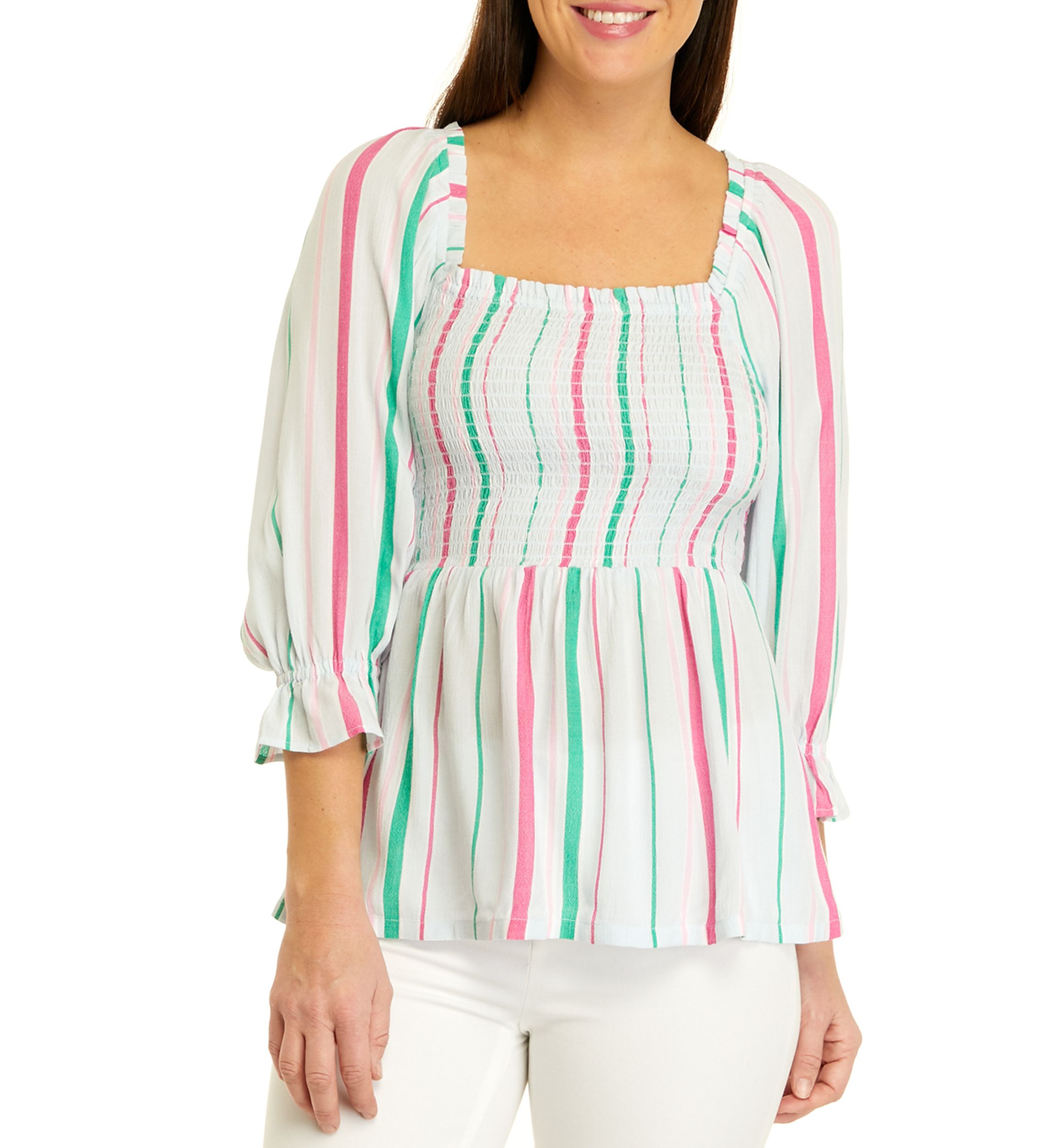 Womens 3/4 Sleeve Yarn Dyed Smock Top