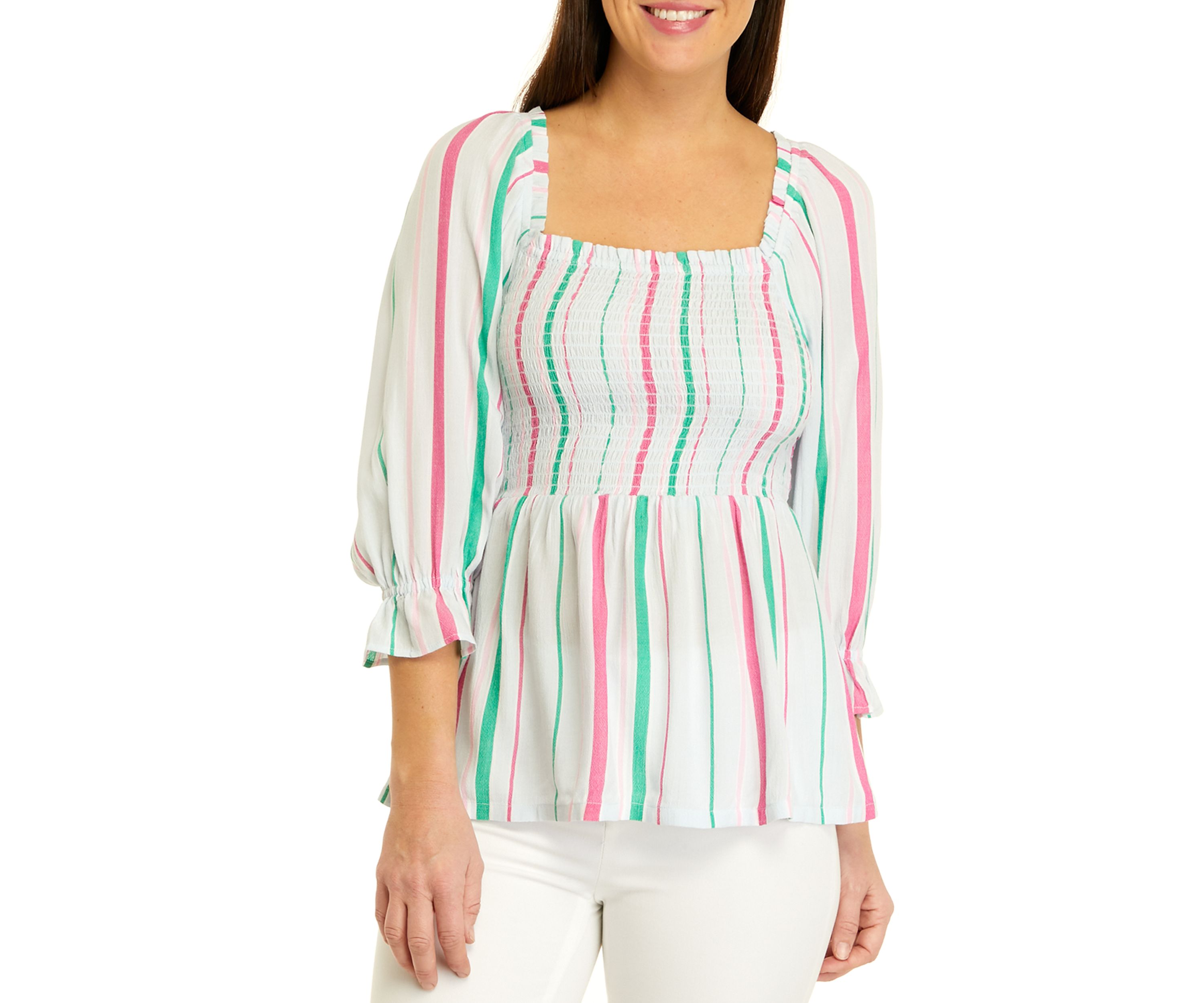 Womens 3/4 Sleeve Yarn Dyed Smock Top
