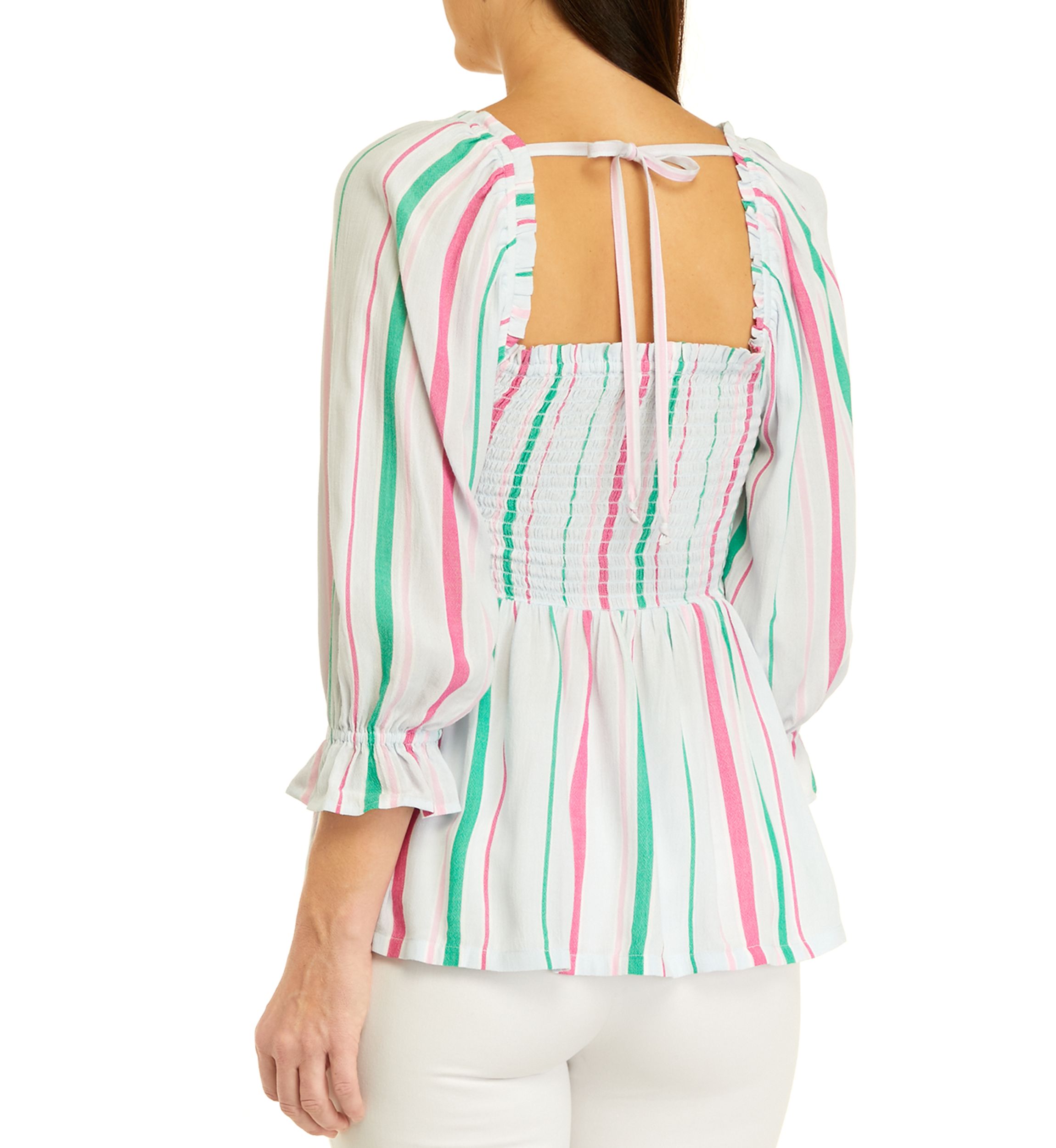 Womens 3/4 Sleeve Yarn Dyed Smock Top