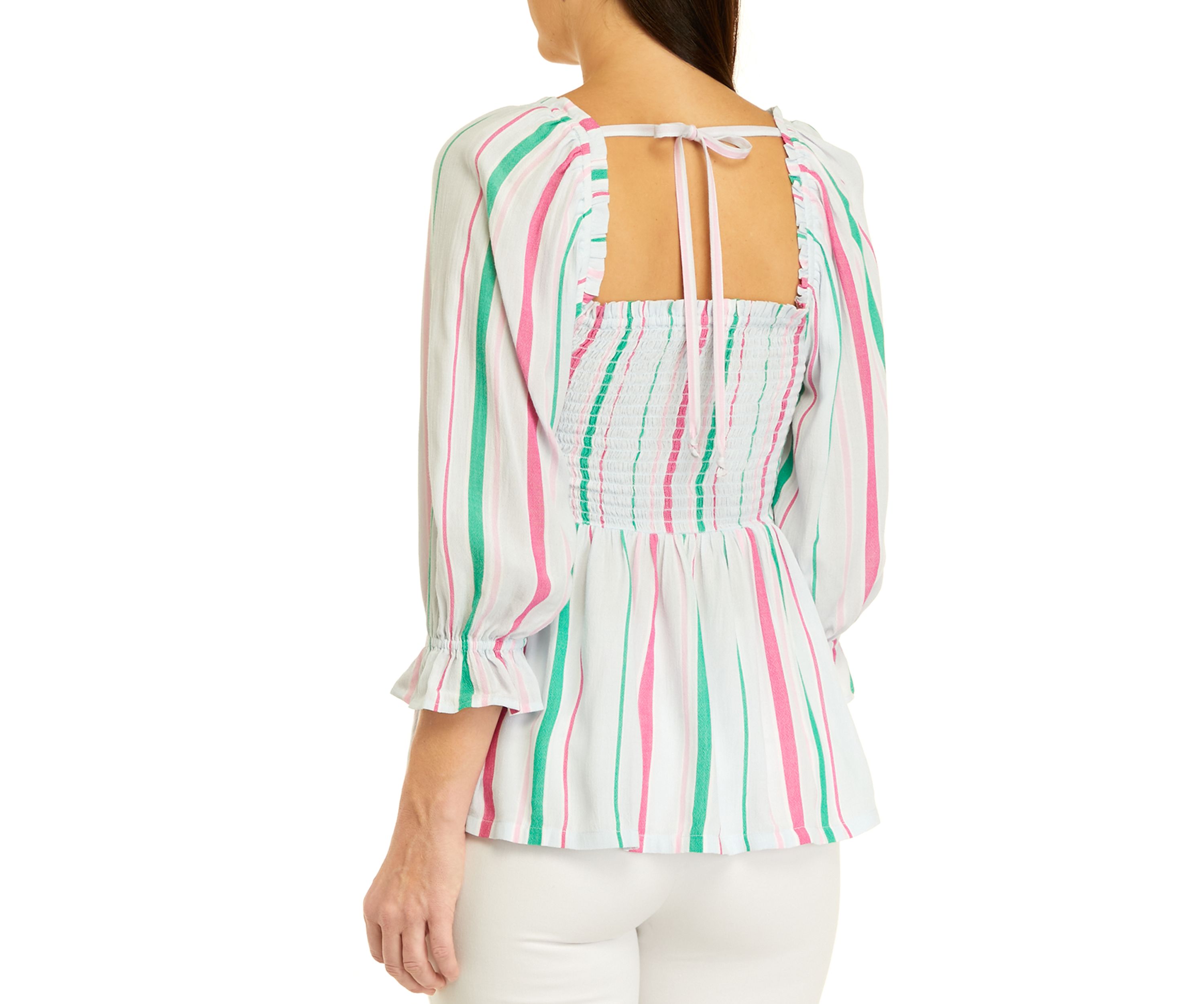 Womens 3/4 Sleeve Yarn Dyed Smock Top