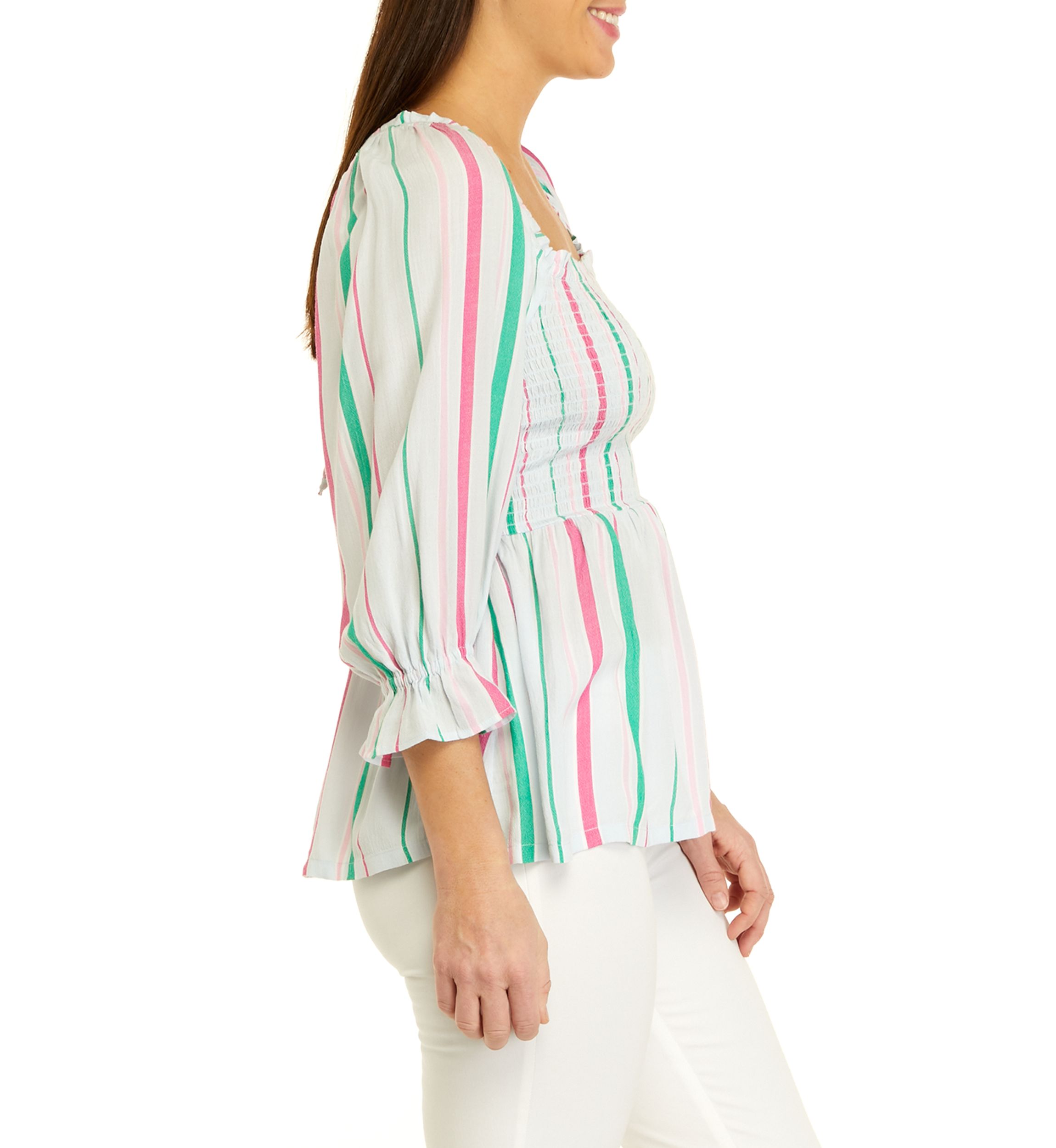 Womens 3/4 Sleeve Yarn Dyed Smock Top
