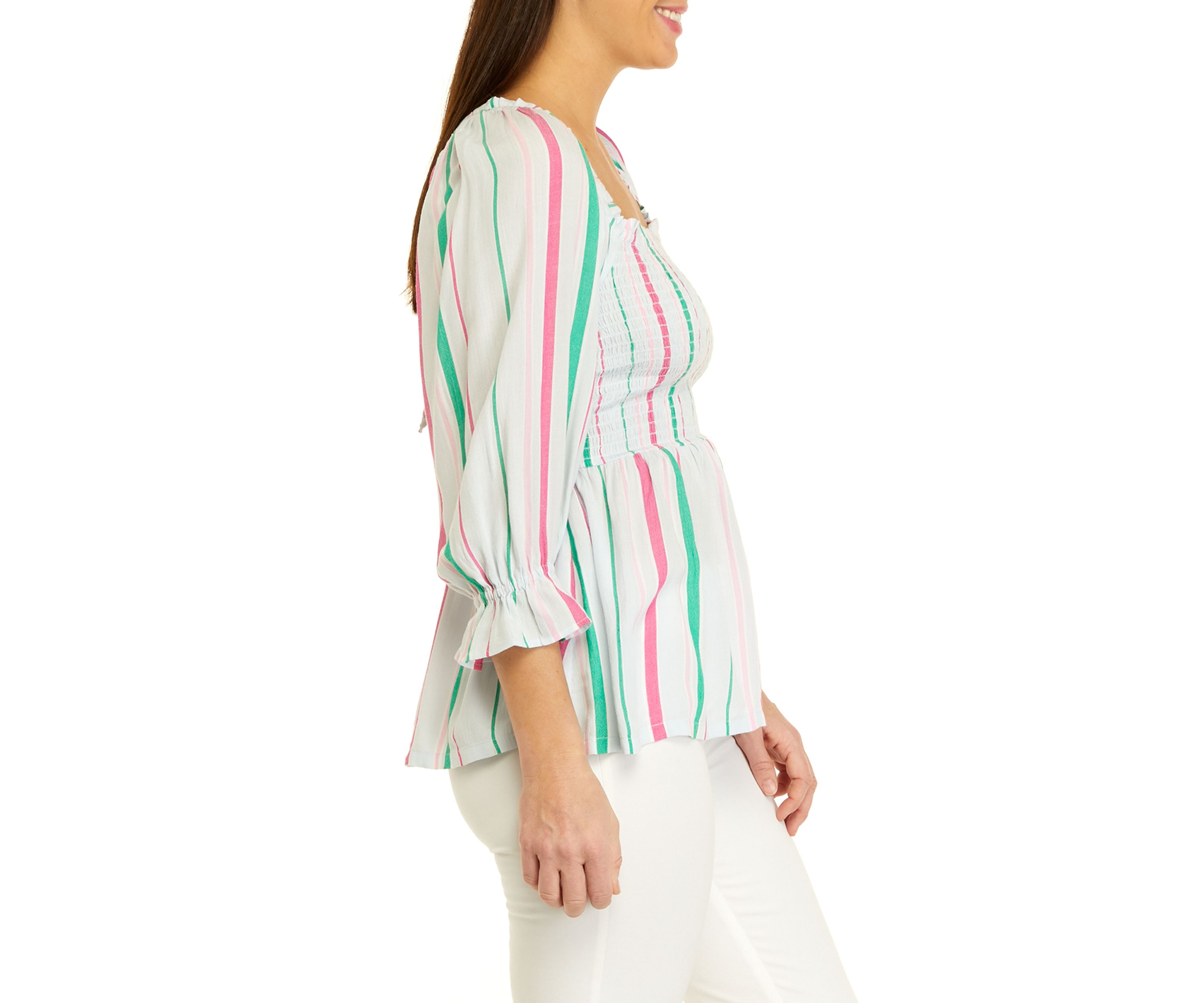 Womens 3/4 Sleeve Yarn Dyed Smock Top