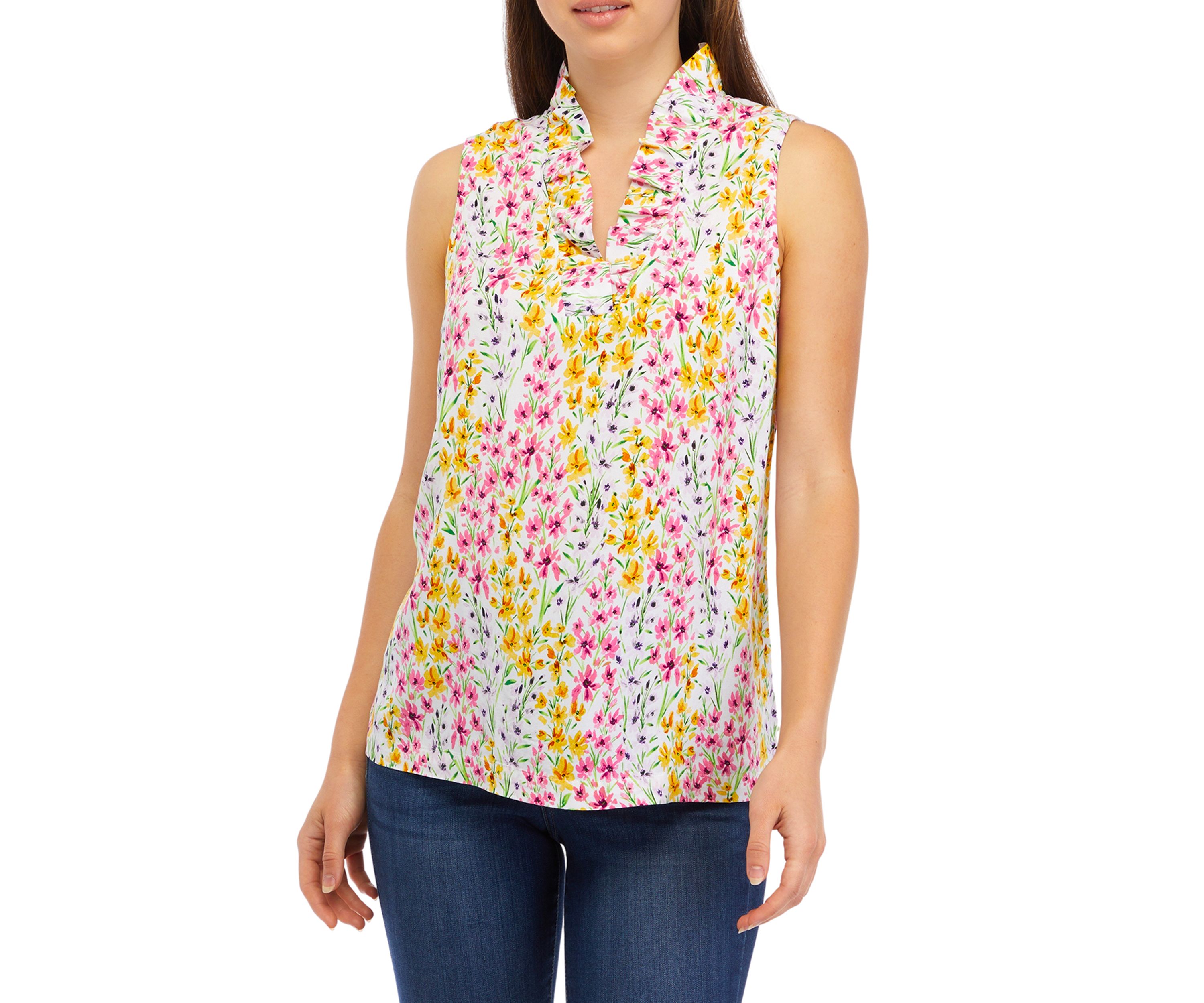 Womens Sleeveless Ruffle Neck Print Shirt