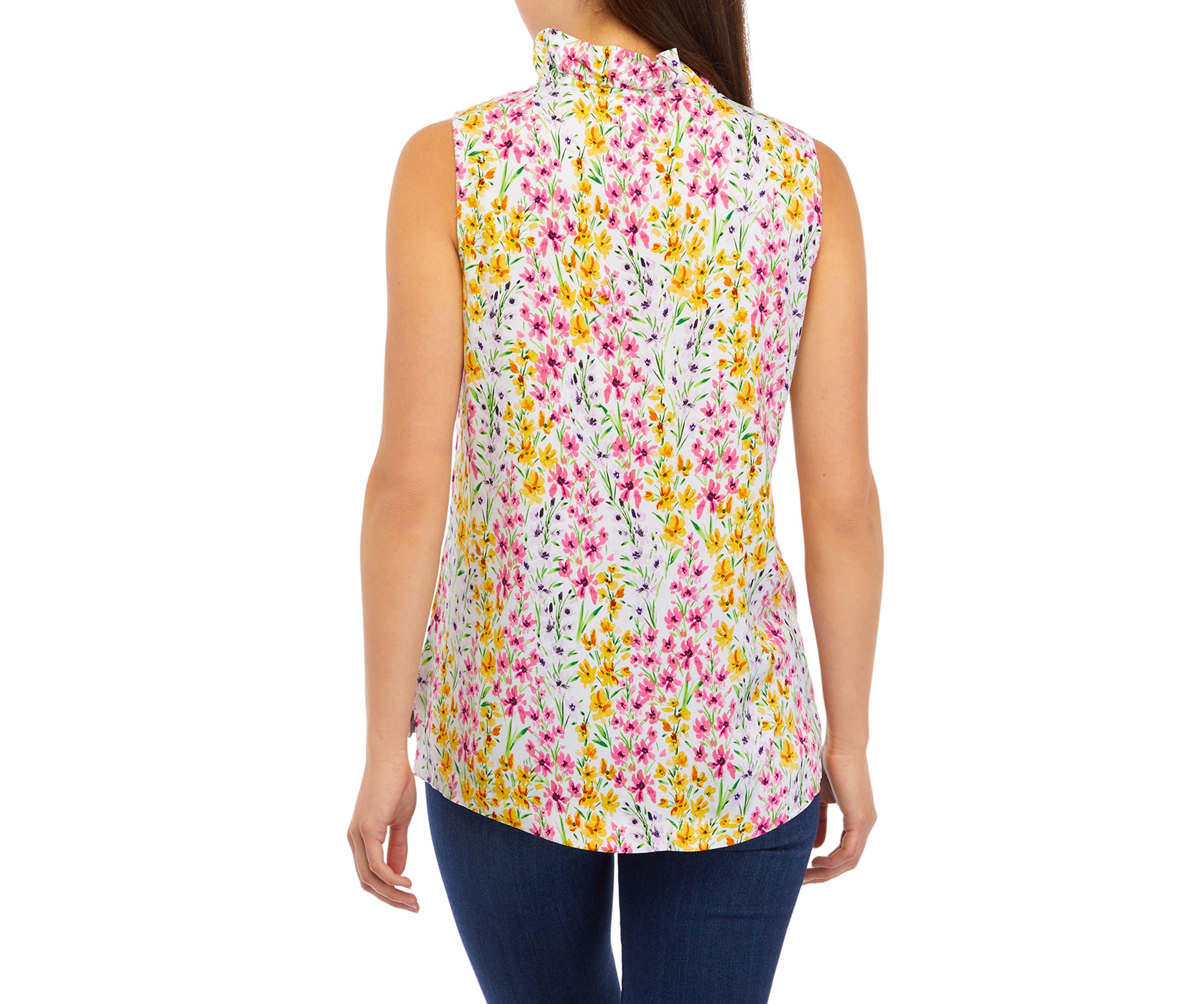 Womens Sleeveless Ruffle Neck Print Shirt