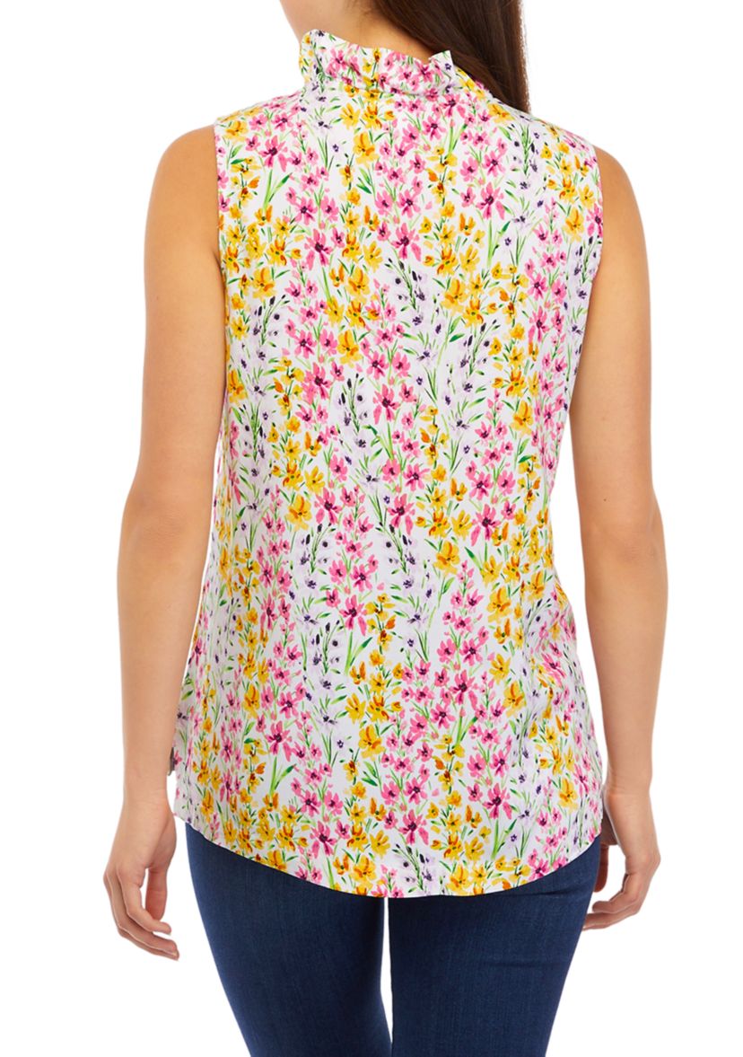 Womens Sleeveless Ruffle Neck Print Shirt