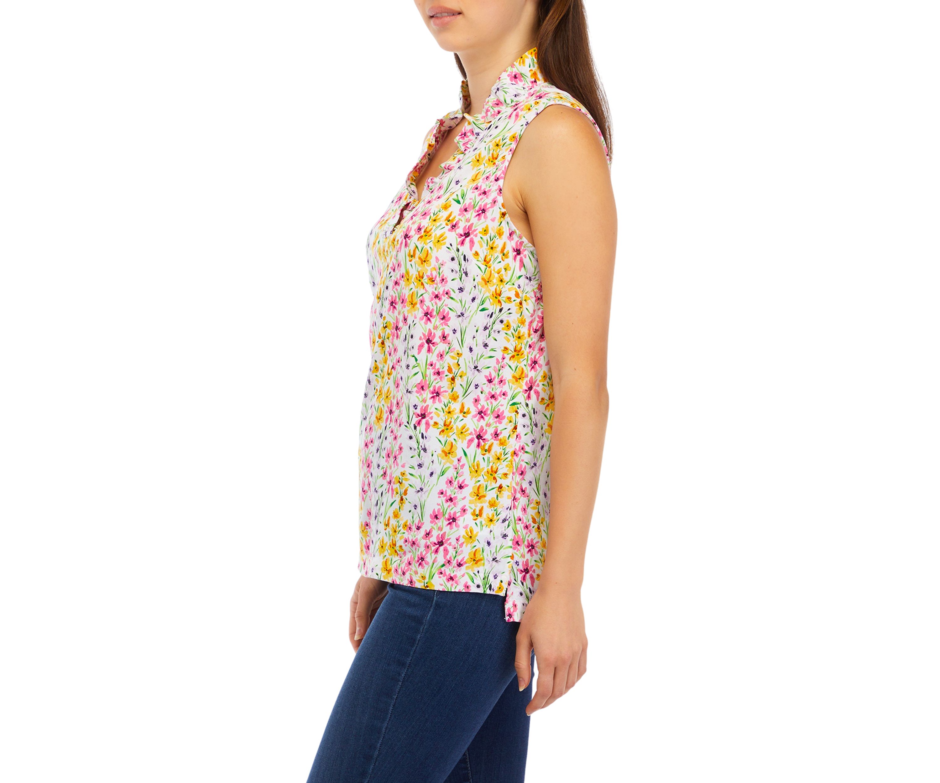 Womens Sleeveless Ruffle Neck Print Shirt