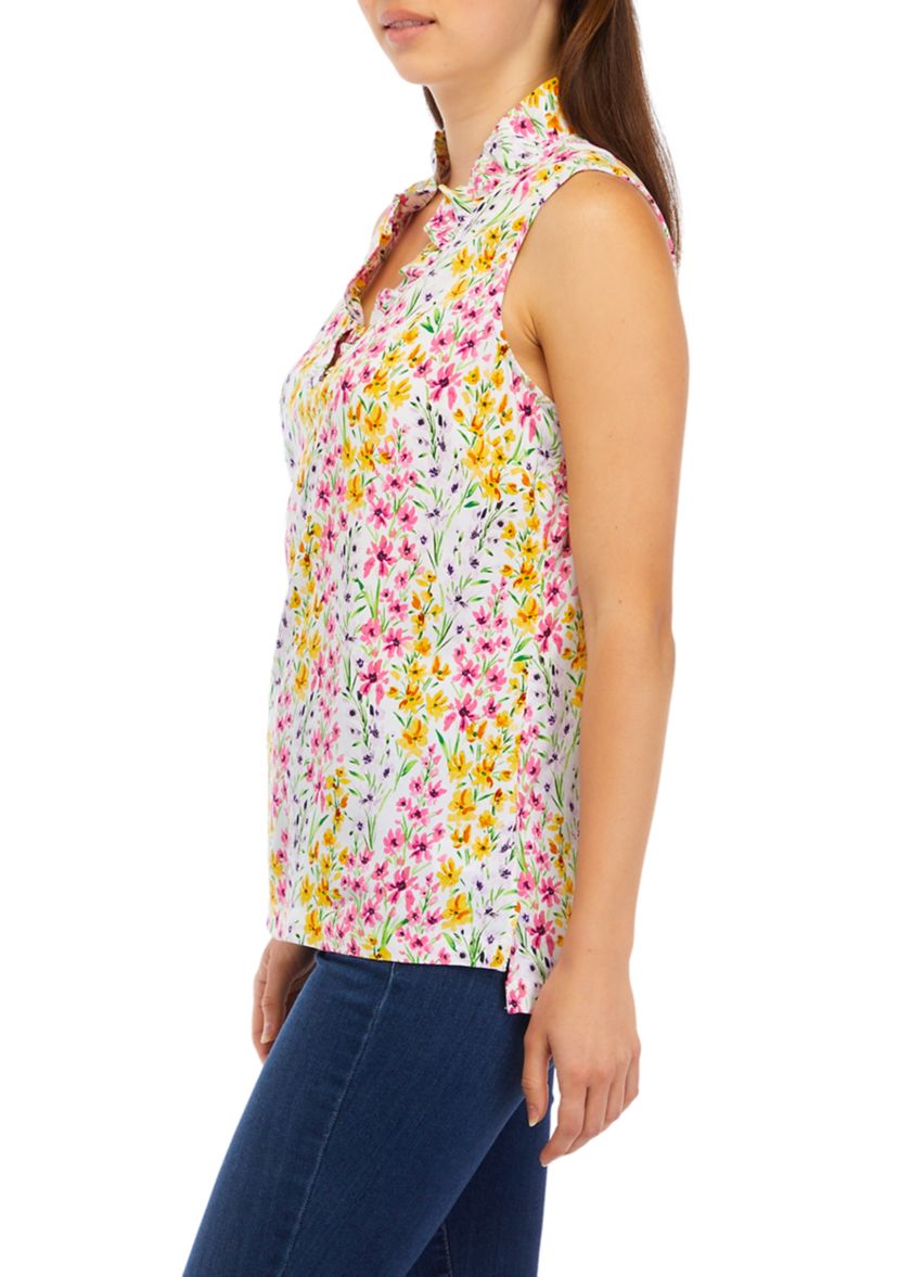 Womens Sleeveless Ruffle Neck Print Shirt