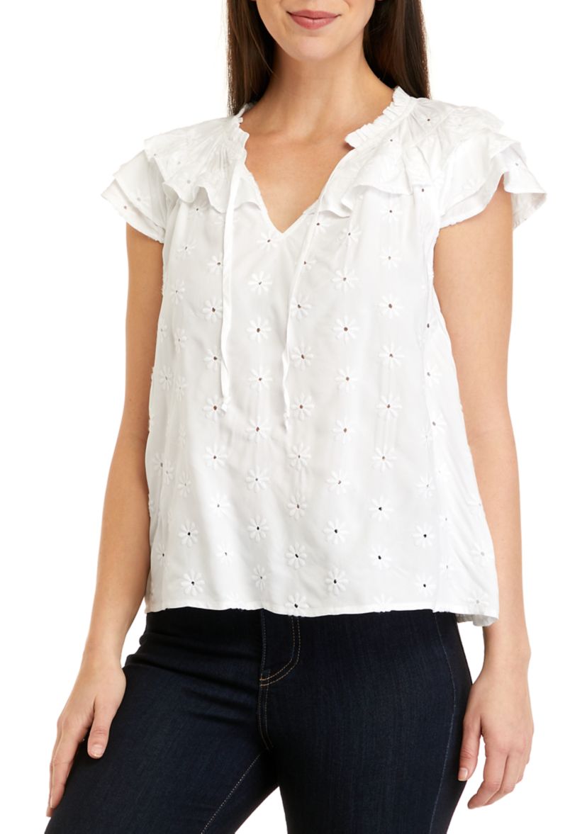 Womens Short Sleeve Tier Ruffle Eyelet Top