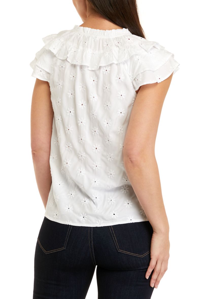 Womens Short Sleeve Tier Ruffle Eyelet Top