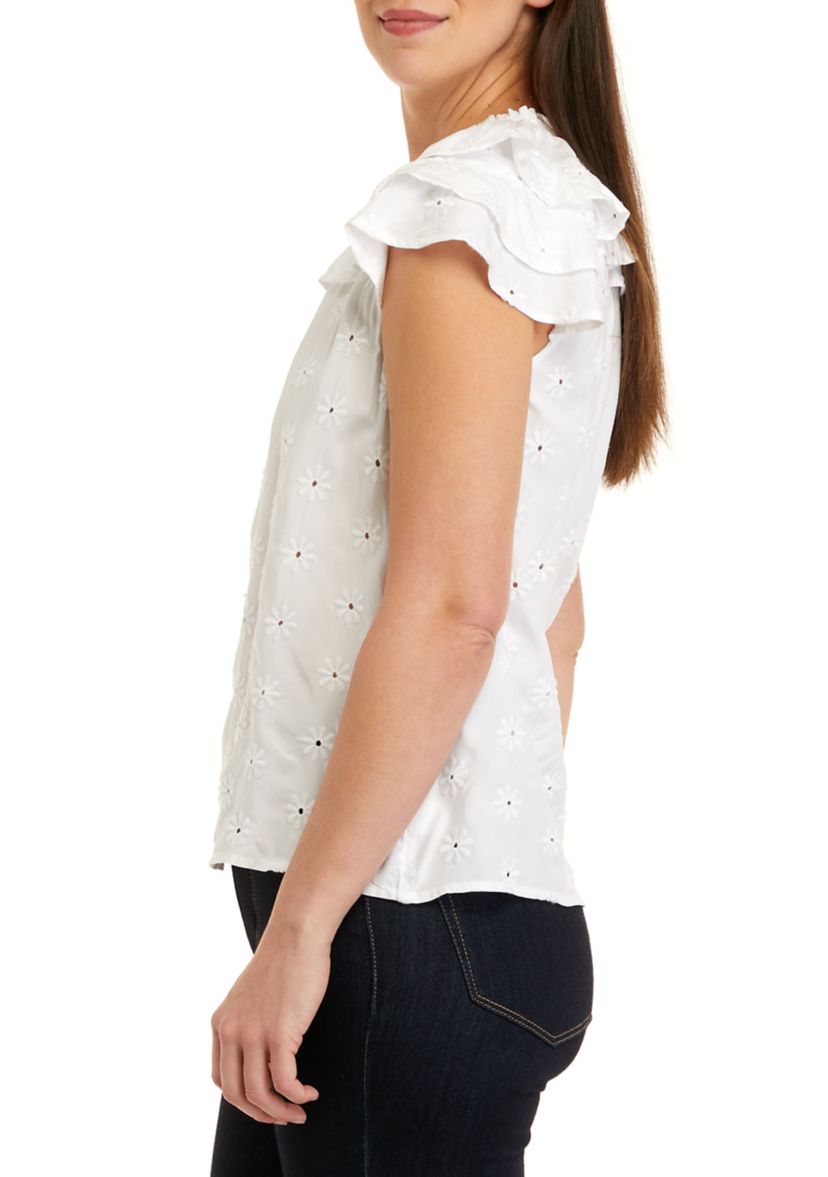 Womens Short Sleeve Tier Ruffle Eyelet Top