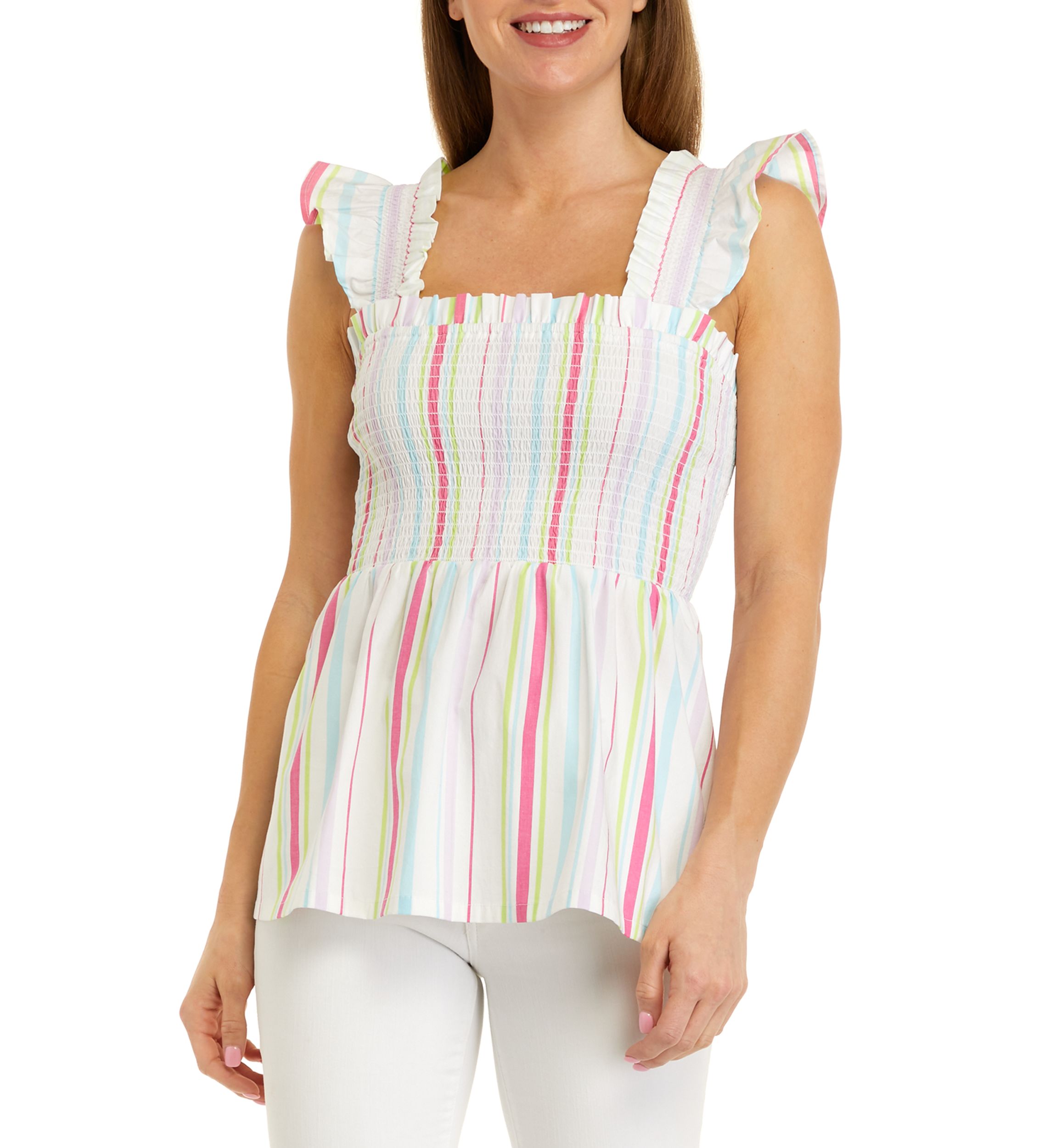 Womens Ruffle Shoulder Smocked Stripe Top