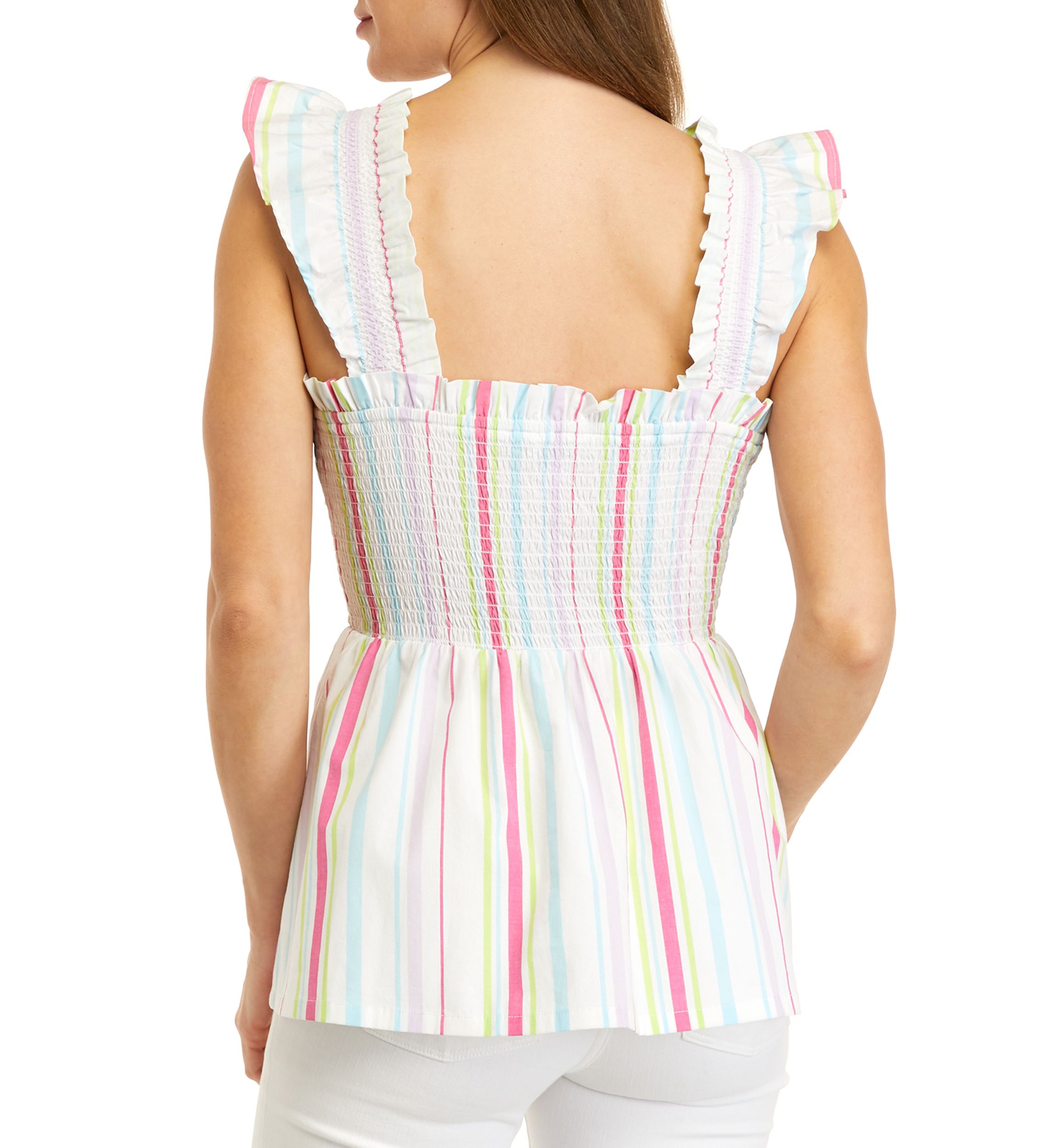 Womens Ruffle Shoulder Smocked Stripe Top