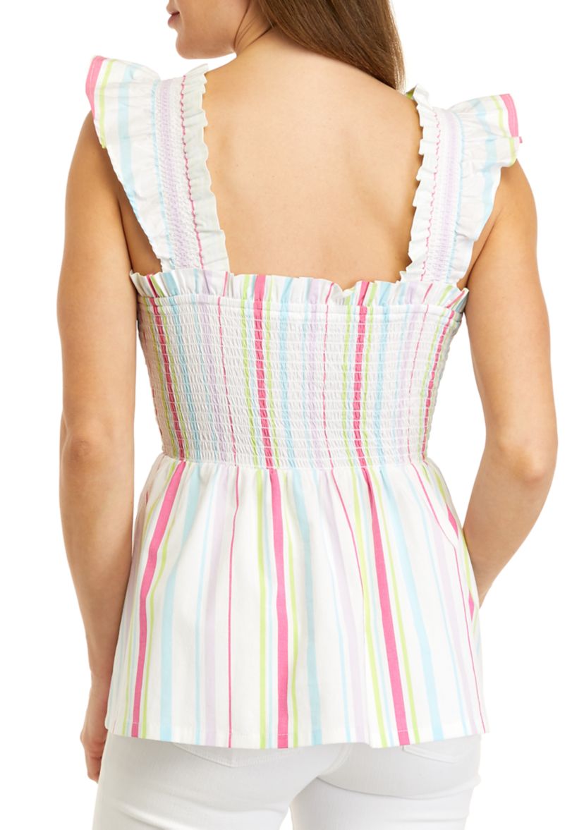 Womens Ruffle Shoulder Smocked Stripe Top