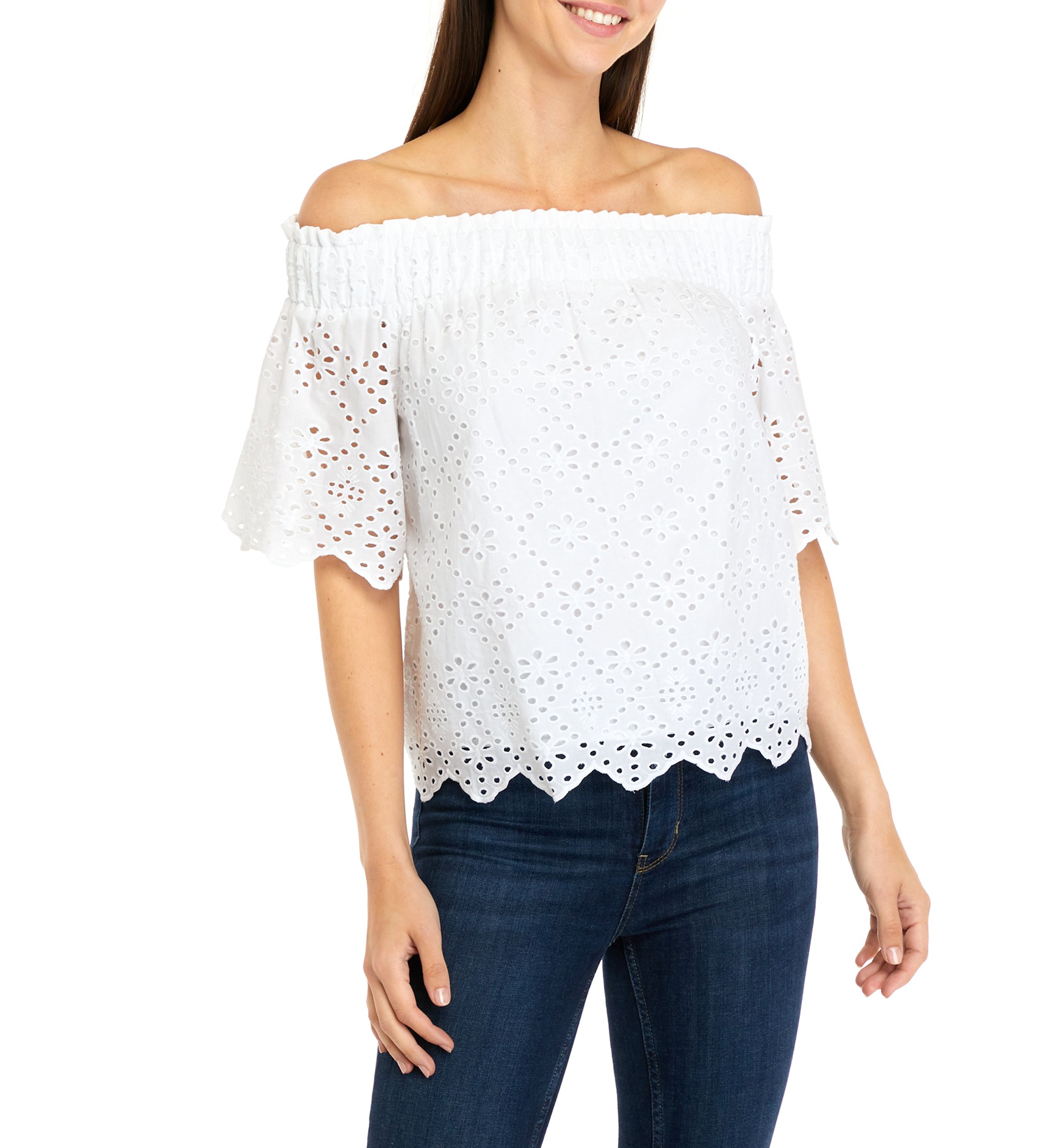 Womens Off the Shoulder Embroidered Top