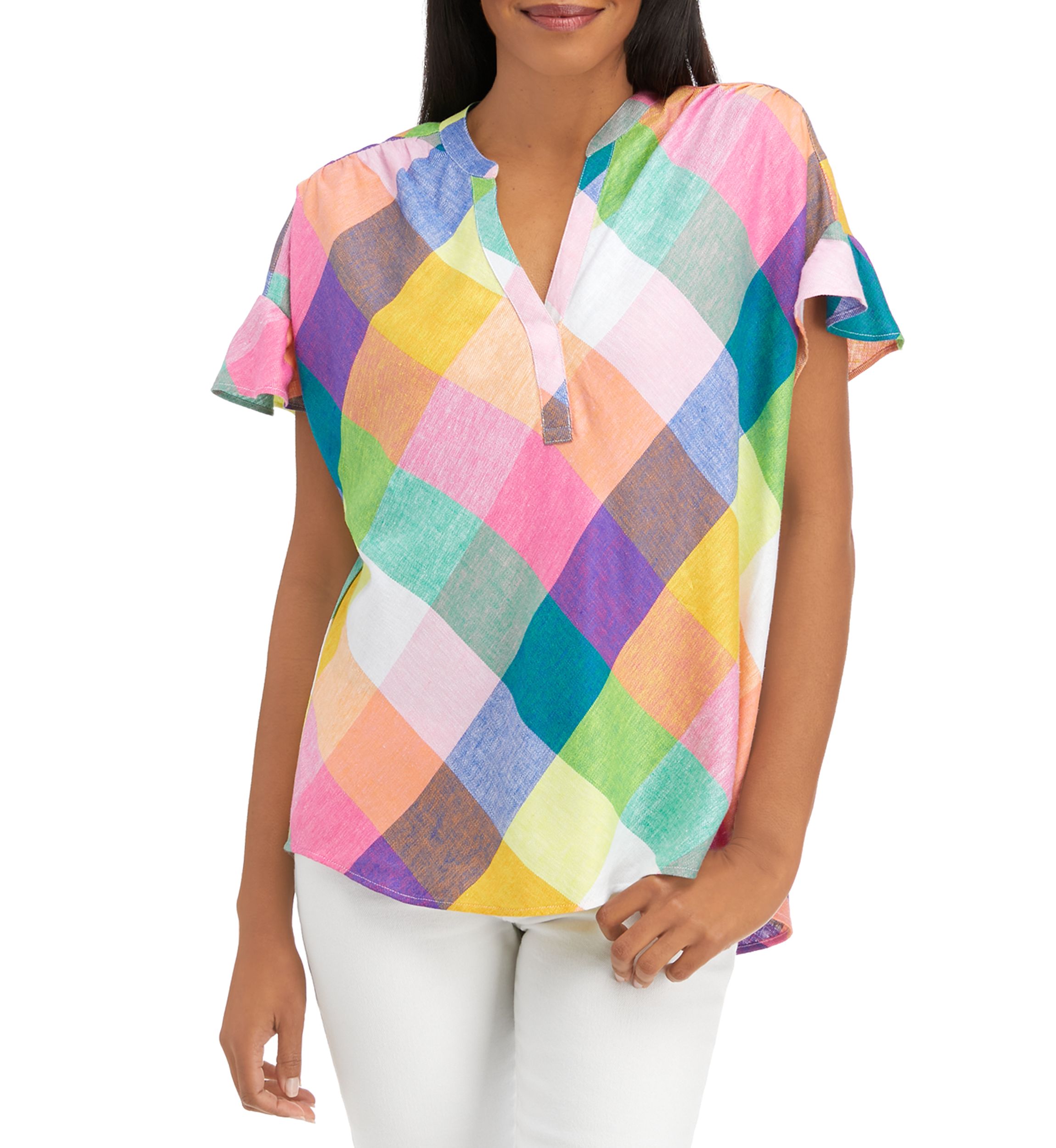 Womens Dolman Sleeve Split Neck Plaid Top 