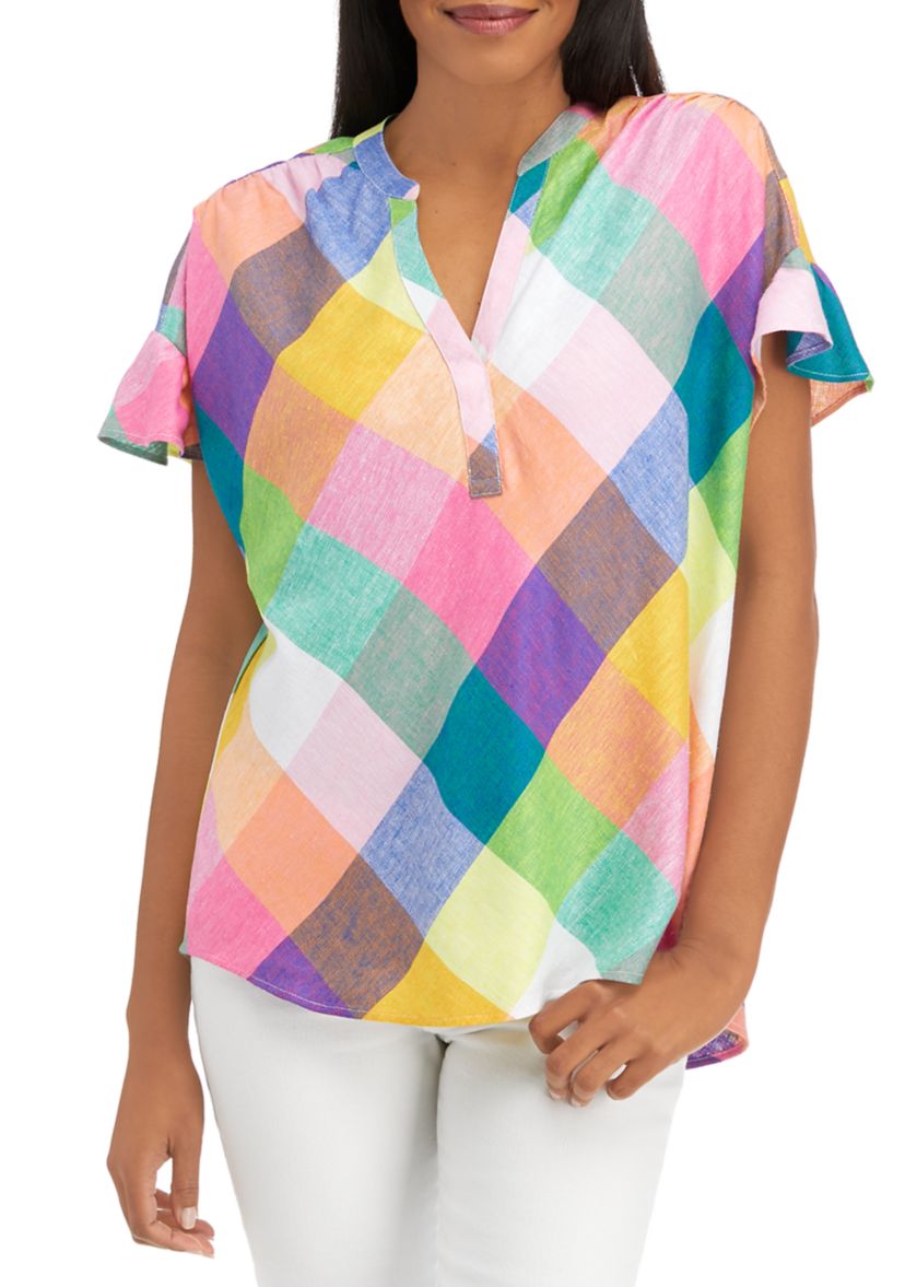Womens Dolman Sleeve Split Neck Plaid Top 