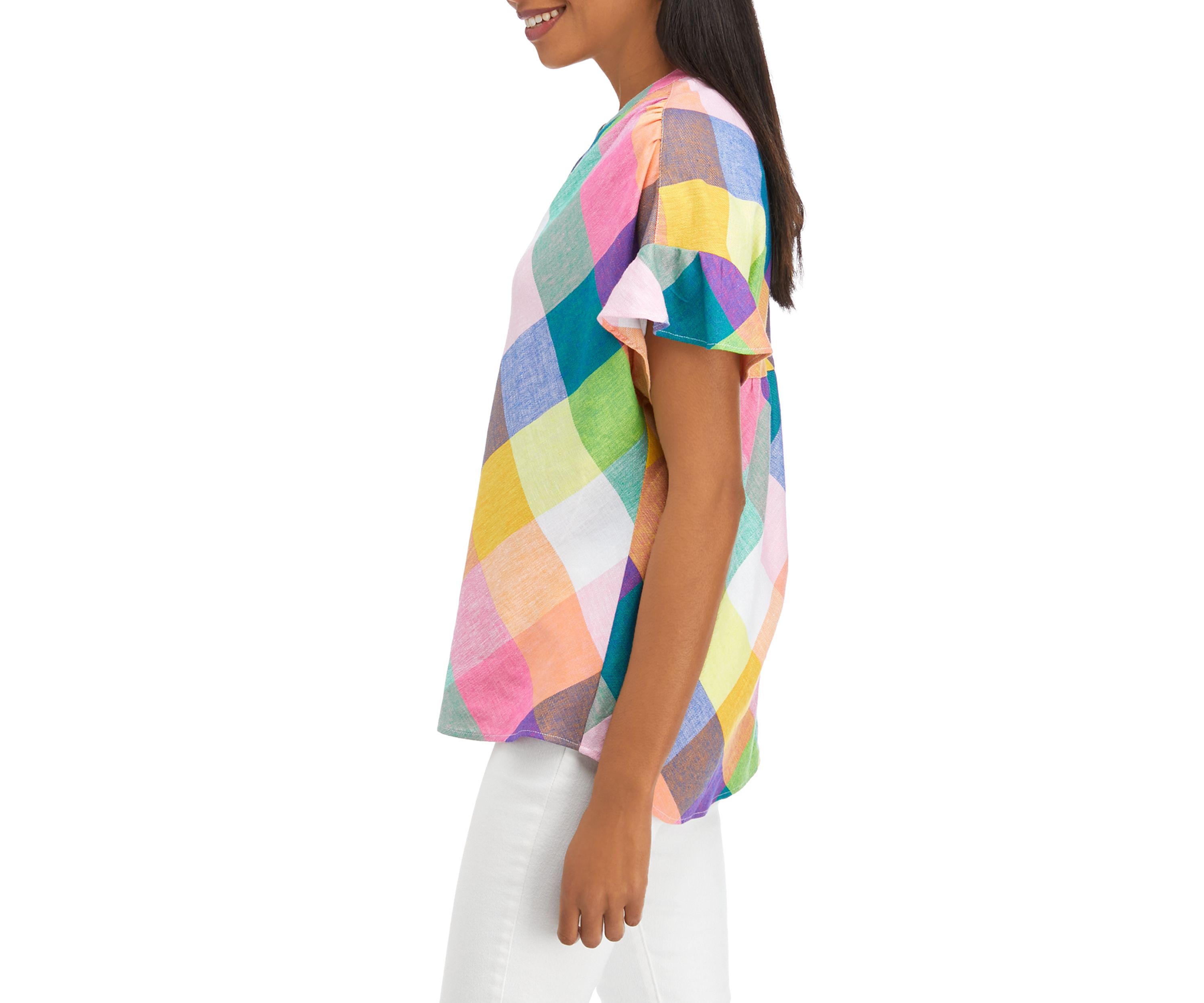 Womens Dolman Sleeve Split Neck Plaid Top 