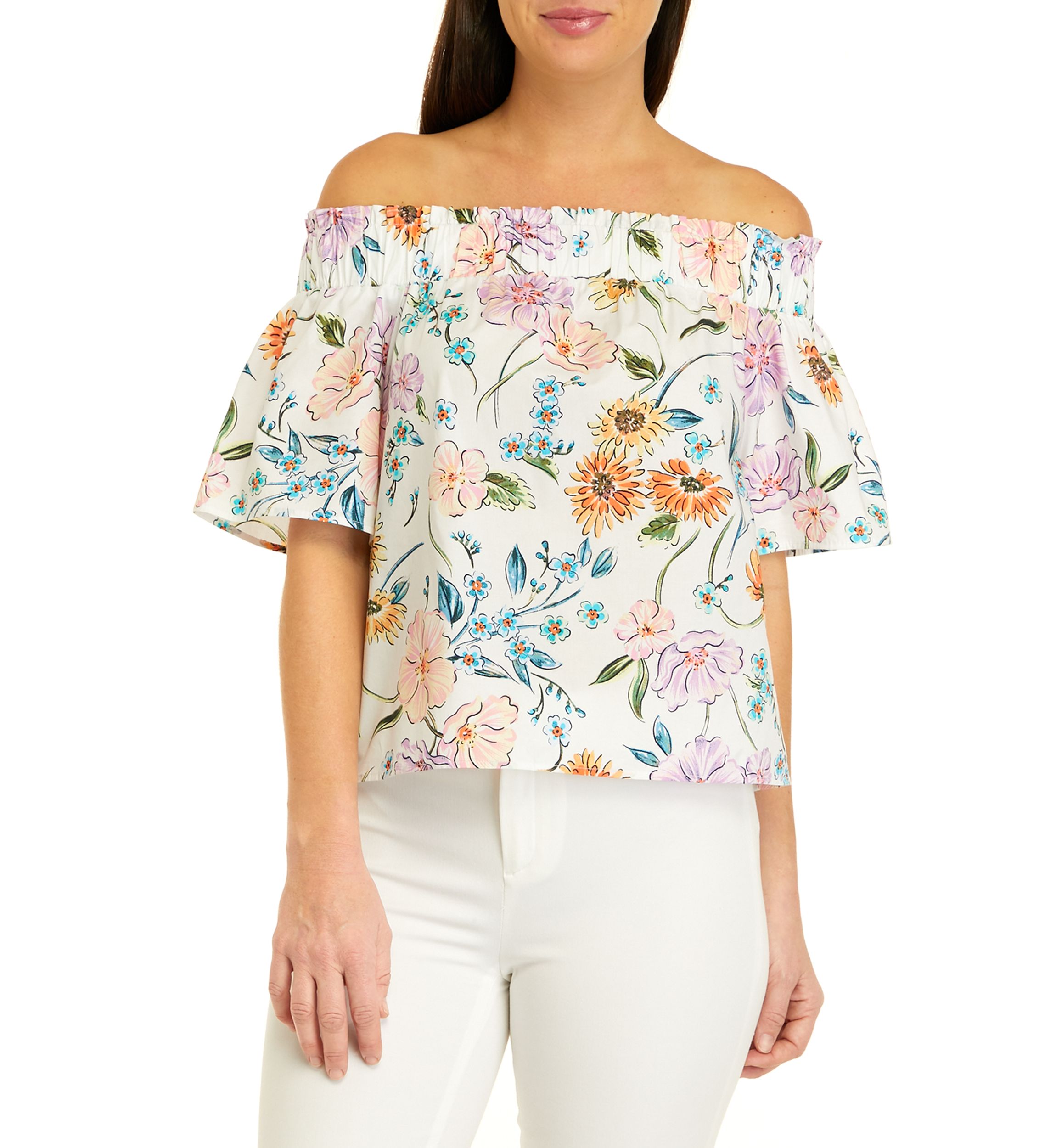 Womens Short Puff Sleeve Floral Print Top