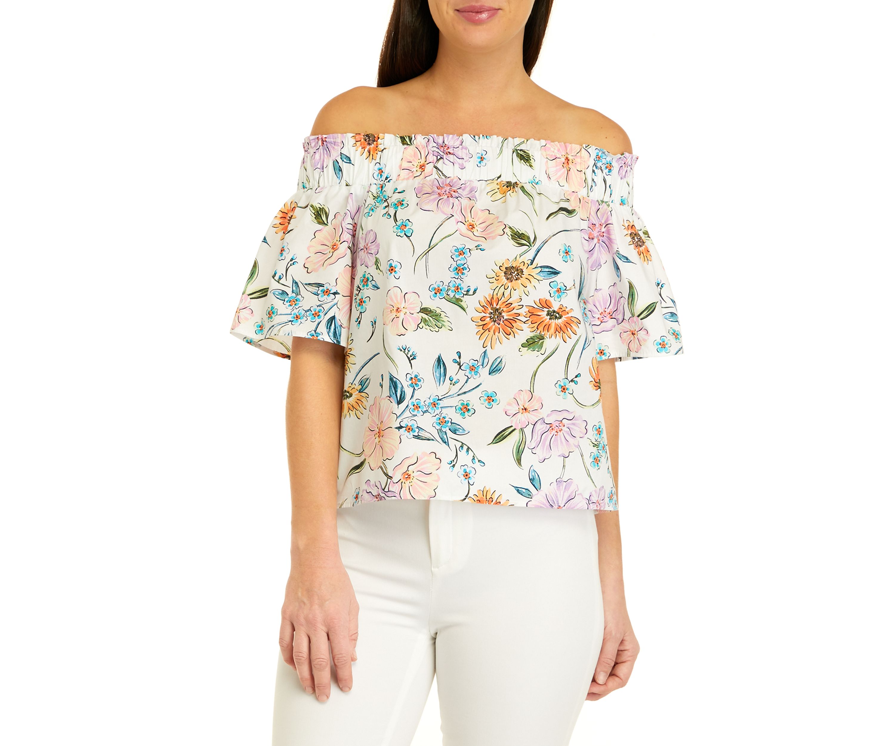 Womens Short Puff Sleeve Floral Print Top