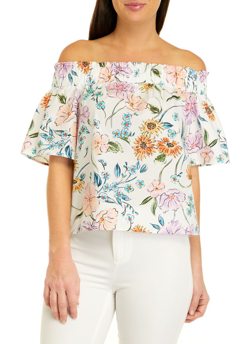 Womens Short Puff Sleeve Floral Print Top